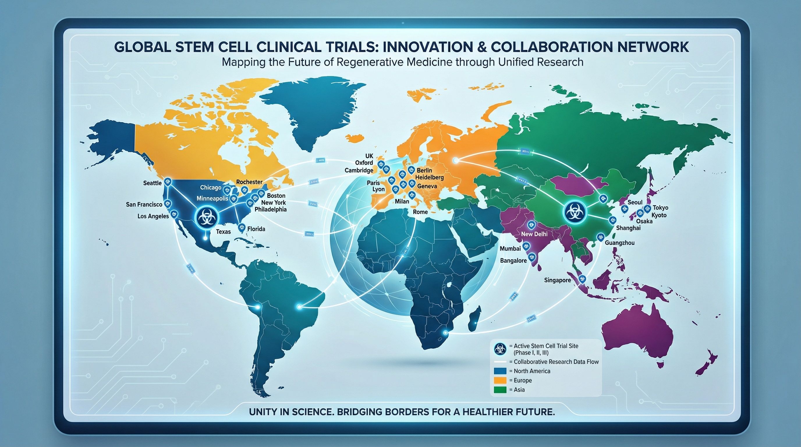 World map showing active stem cell clinical trial sites