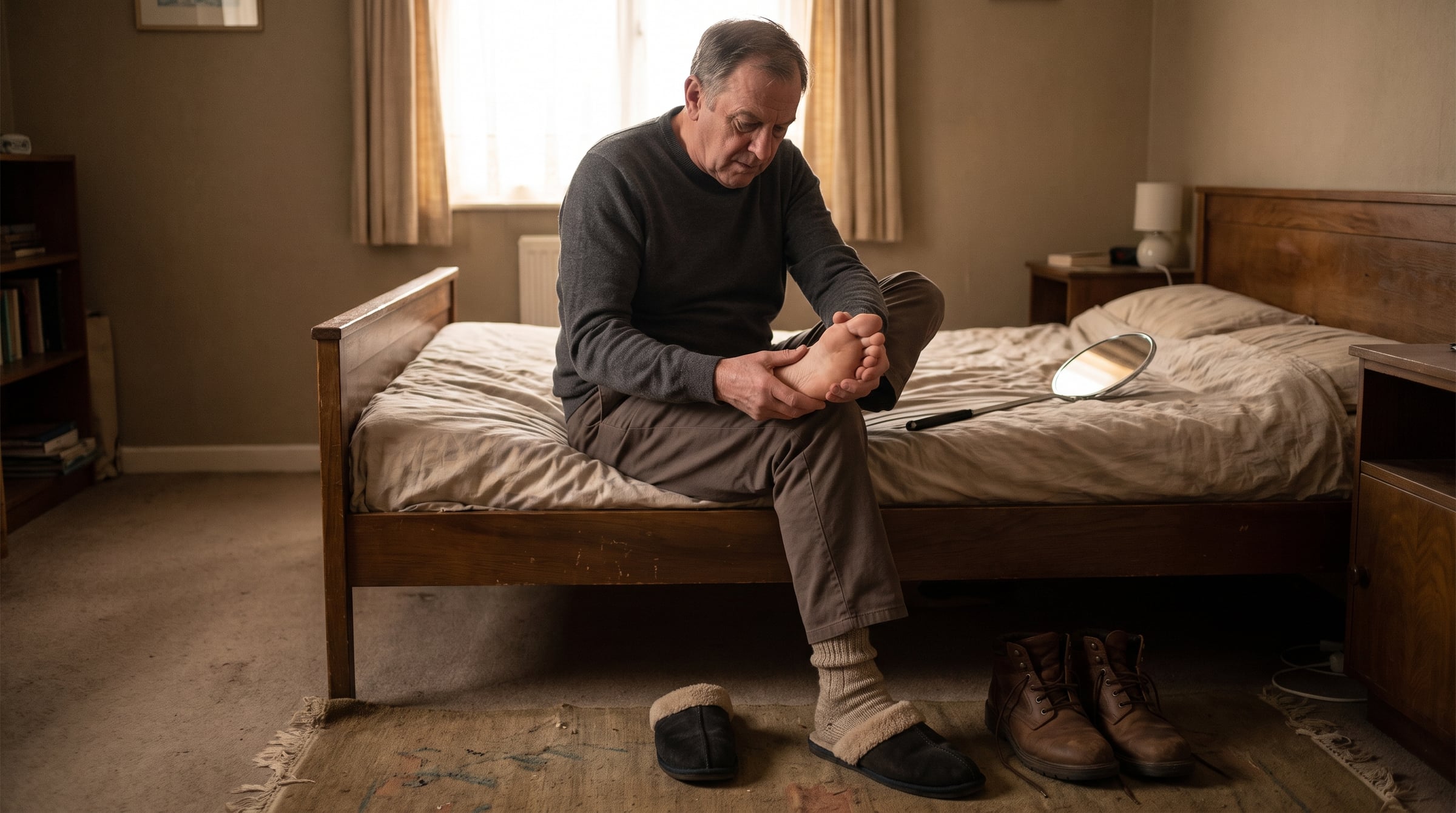 A man seated on a bed checking the sole of one foot, with a slipper on the other foot and supportive shoes on the floor beside him
