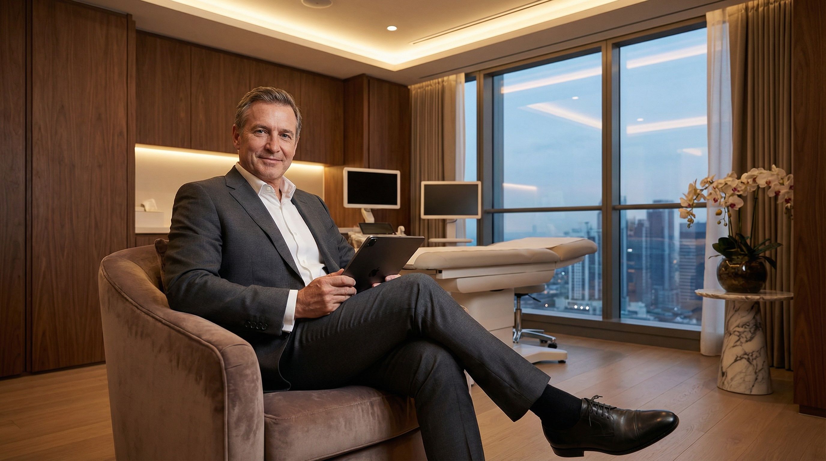 Executive in a premium clinic environment, relaxed and confident