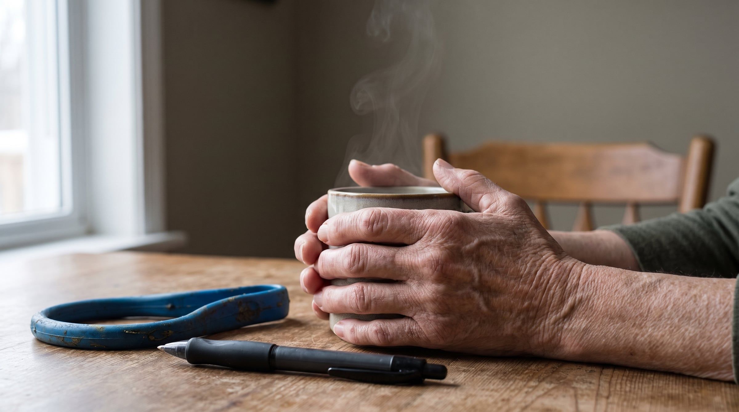 Close-up of an older person's hands around a mug on a kitchen table, with a jar opener and a wide-grip pen beside them