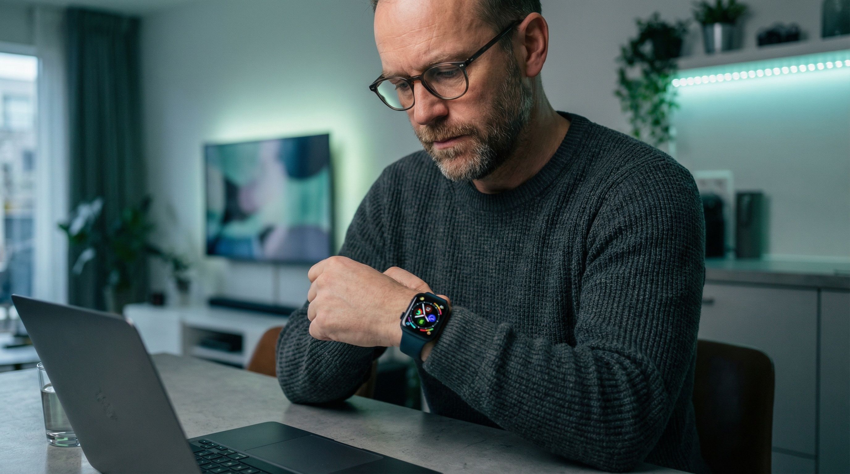 Tech-savvy person in 40s-50s reviewing health metrics on wearable device