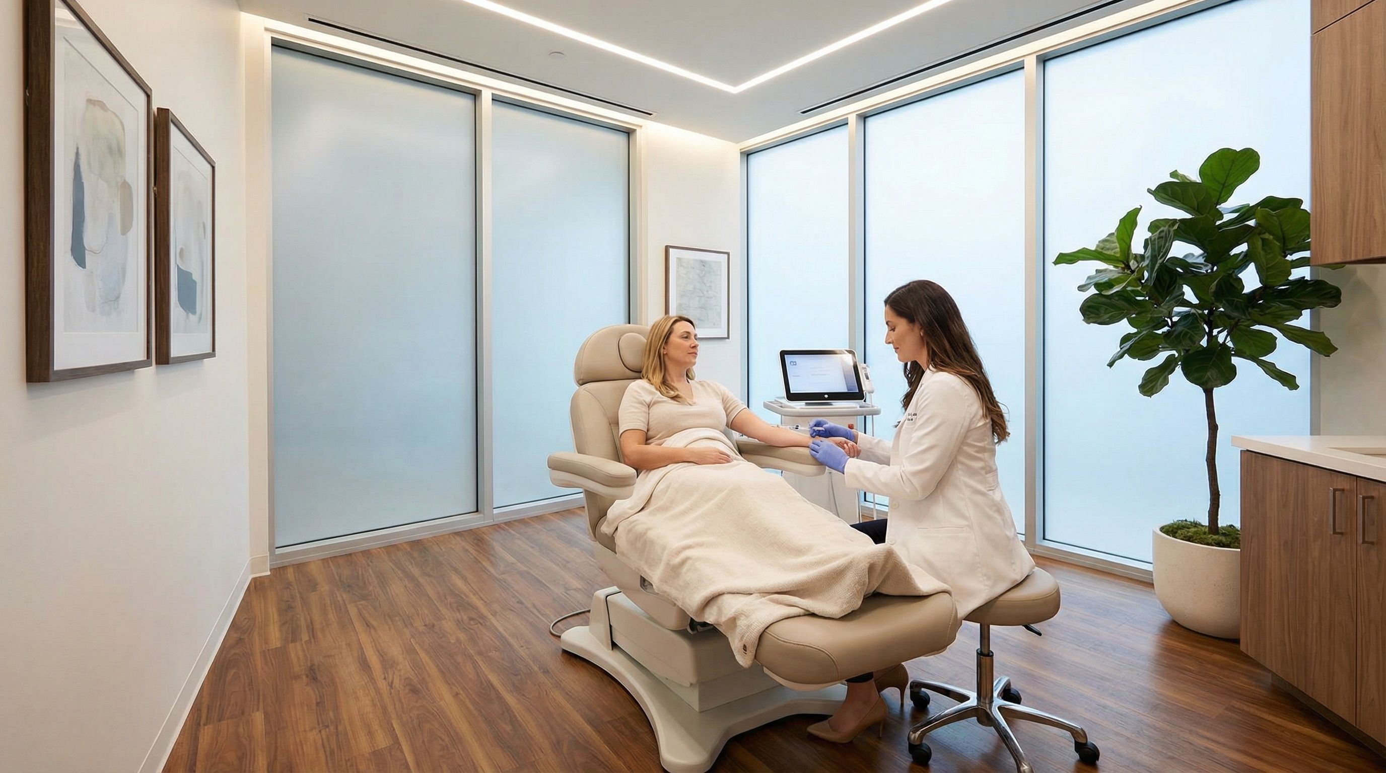 Patient receiving stem cell treatment in premium clinic setting