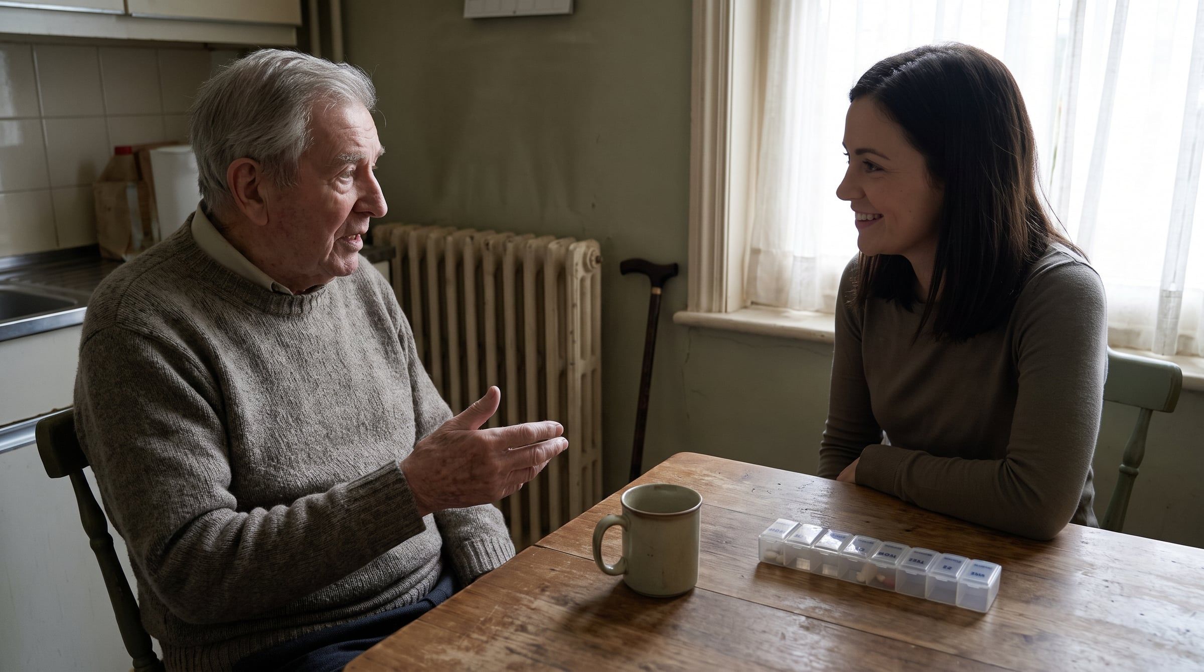 An older man at a kitchen table in conversation, with a mug and a weekly pill organiser in front of him and a walking stick behind