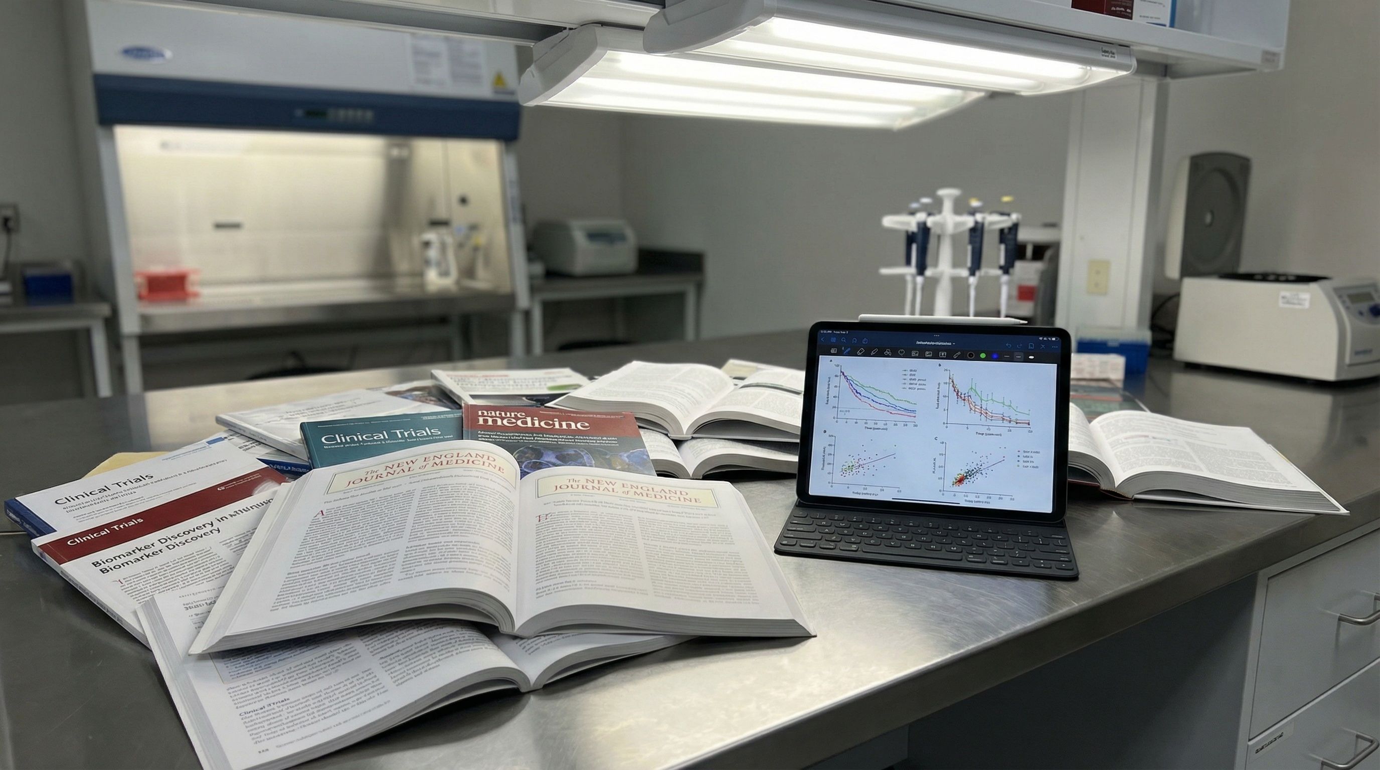 Stack of medical journals and research papers in a laboratory setting