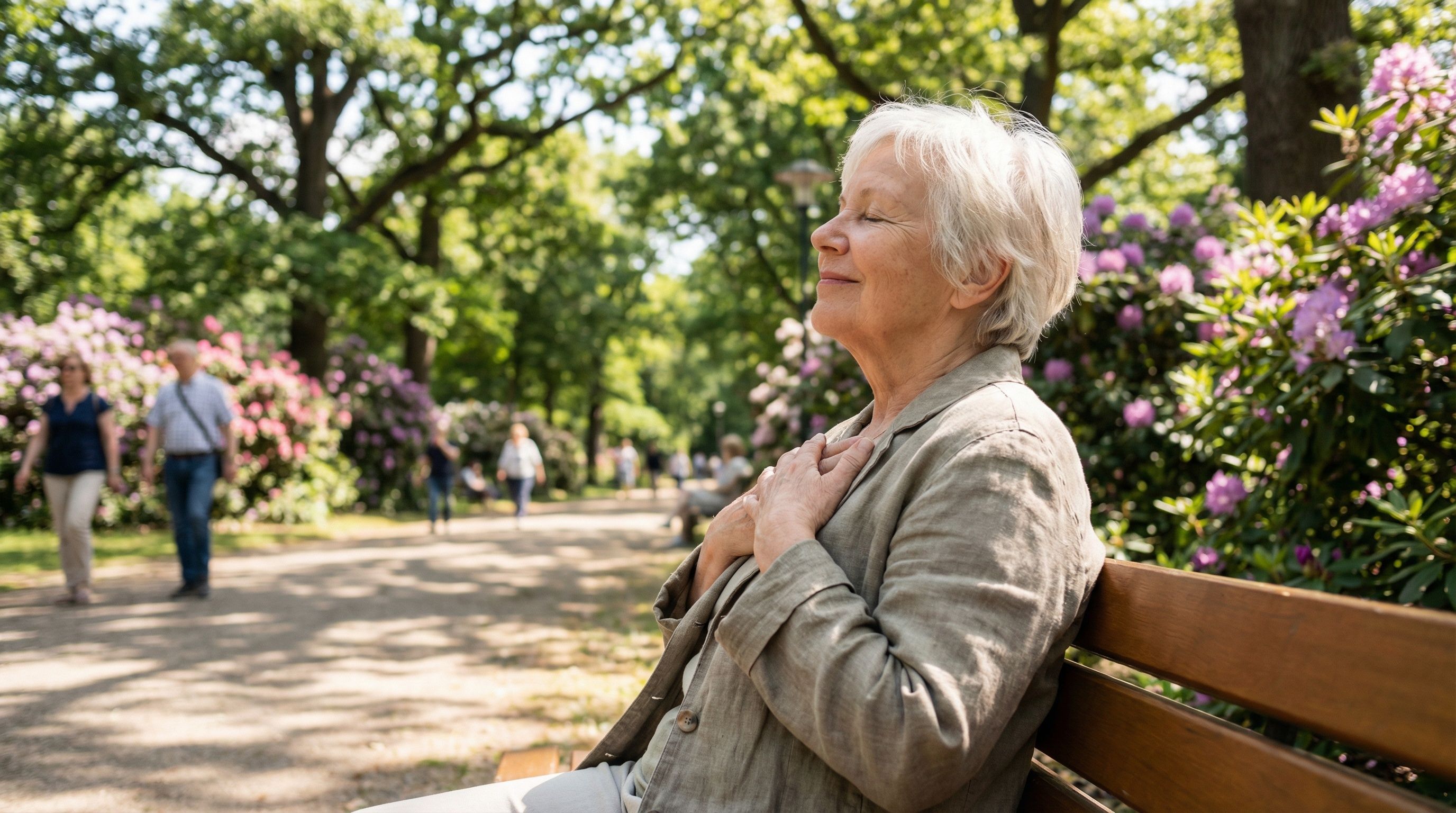 Person breathing freely outdoors in nature, no oxygen tank