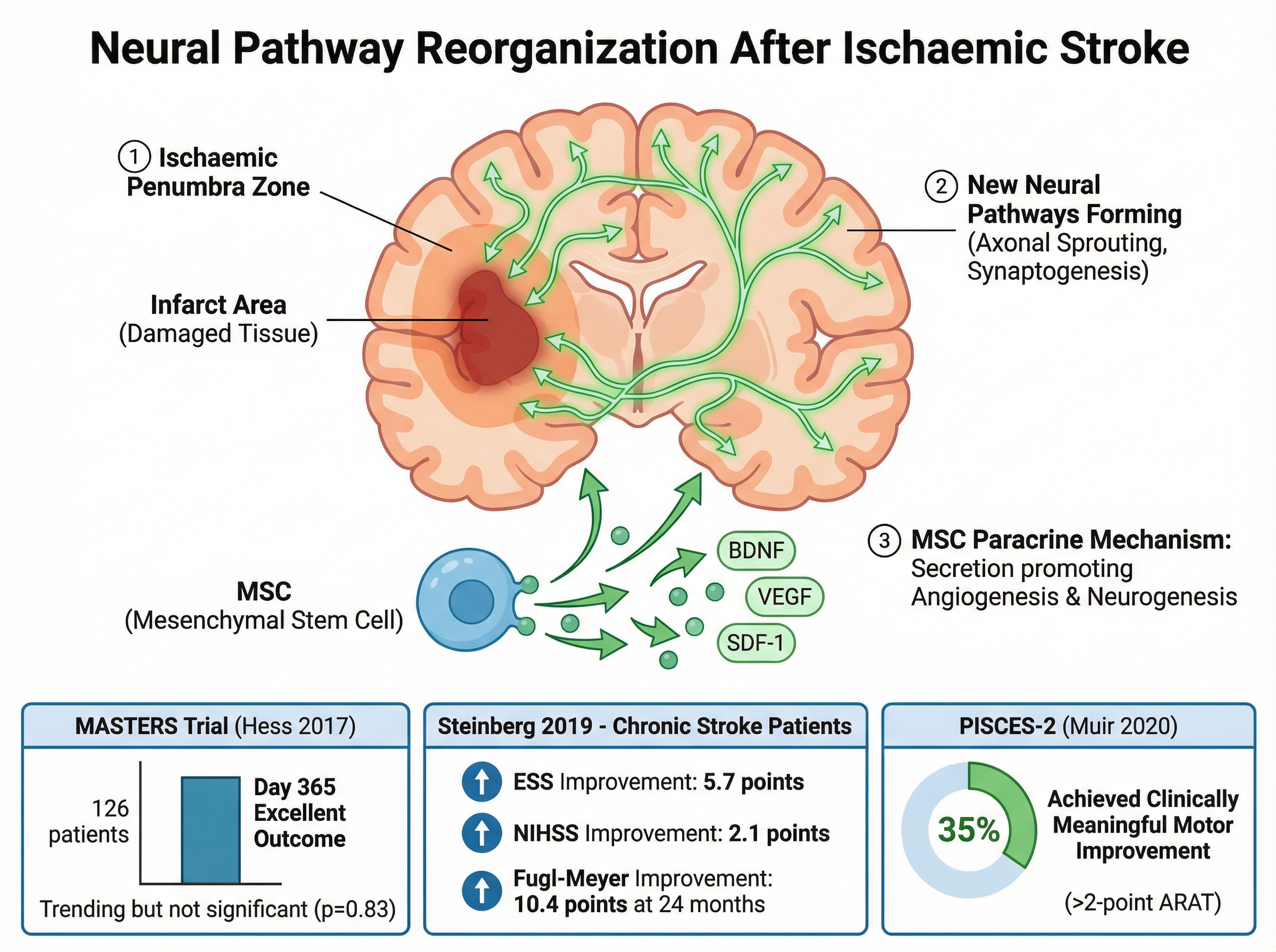Illustration of neural pathway reorganisation showing new connections forming around damaged brain tissue