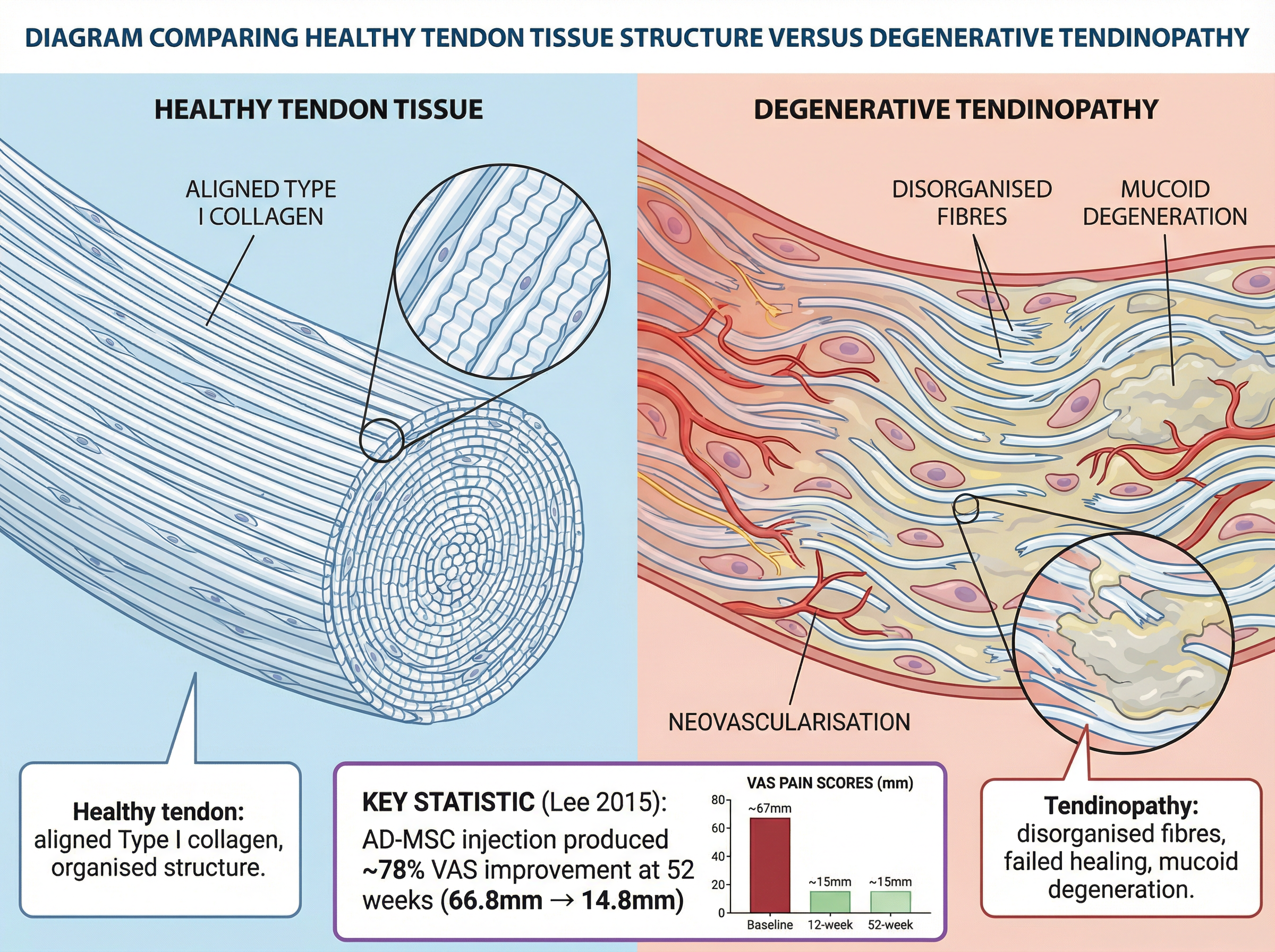 Diagram comparing healthy tendon tissue structure versus degenerative tendinopathy