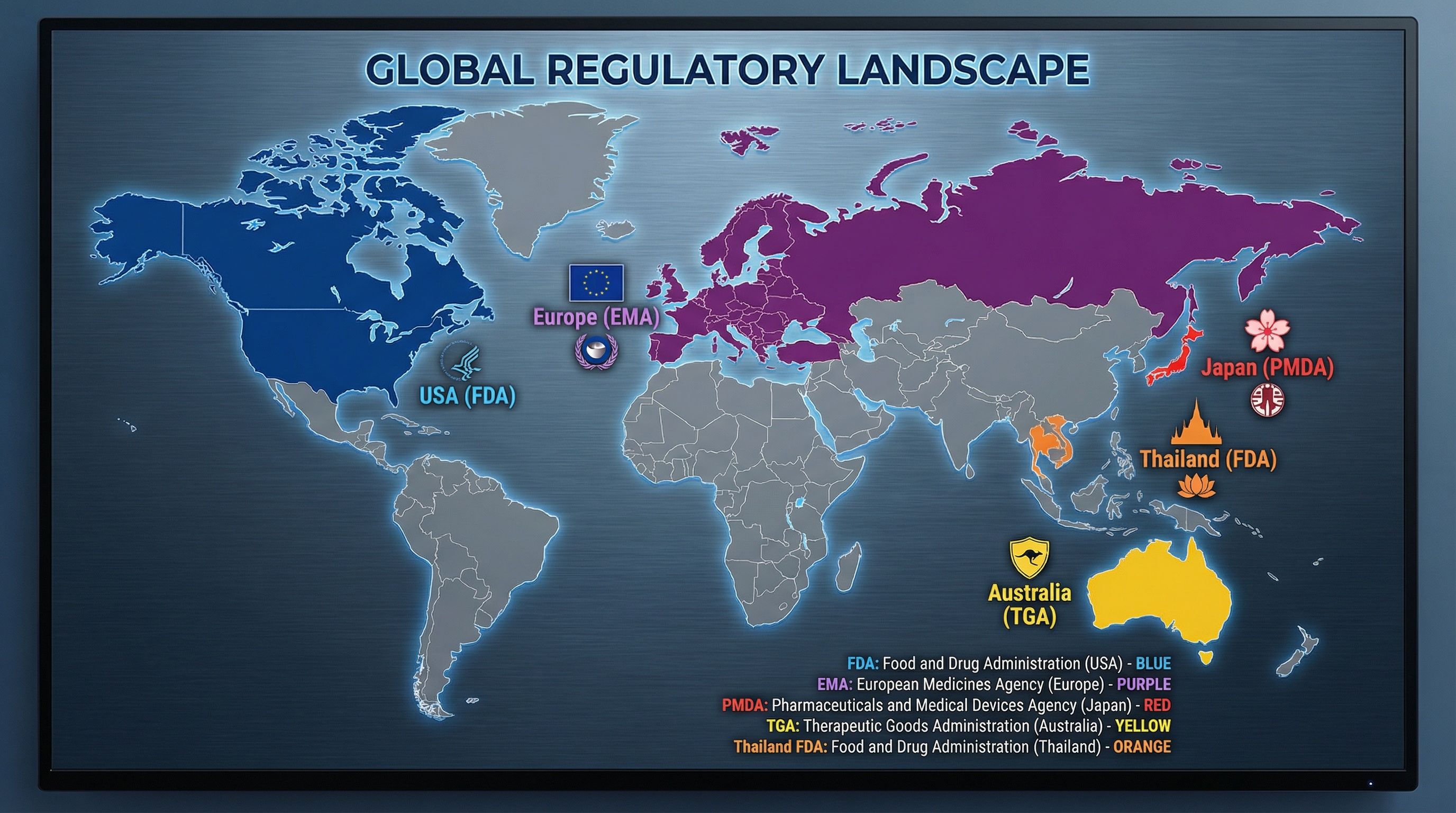 World map showing different regulatory frameworks by region
