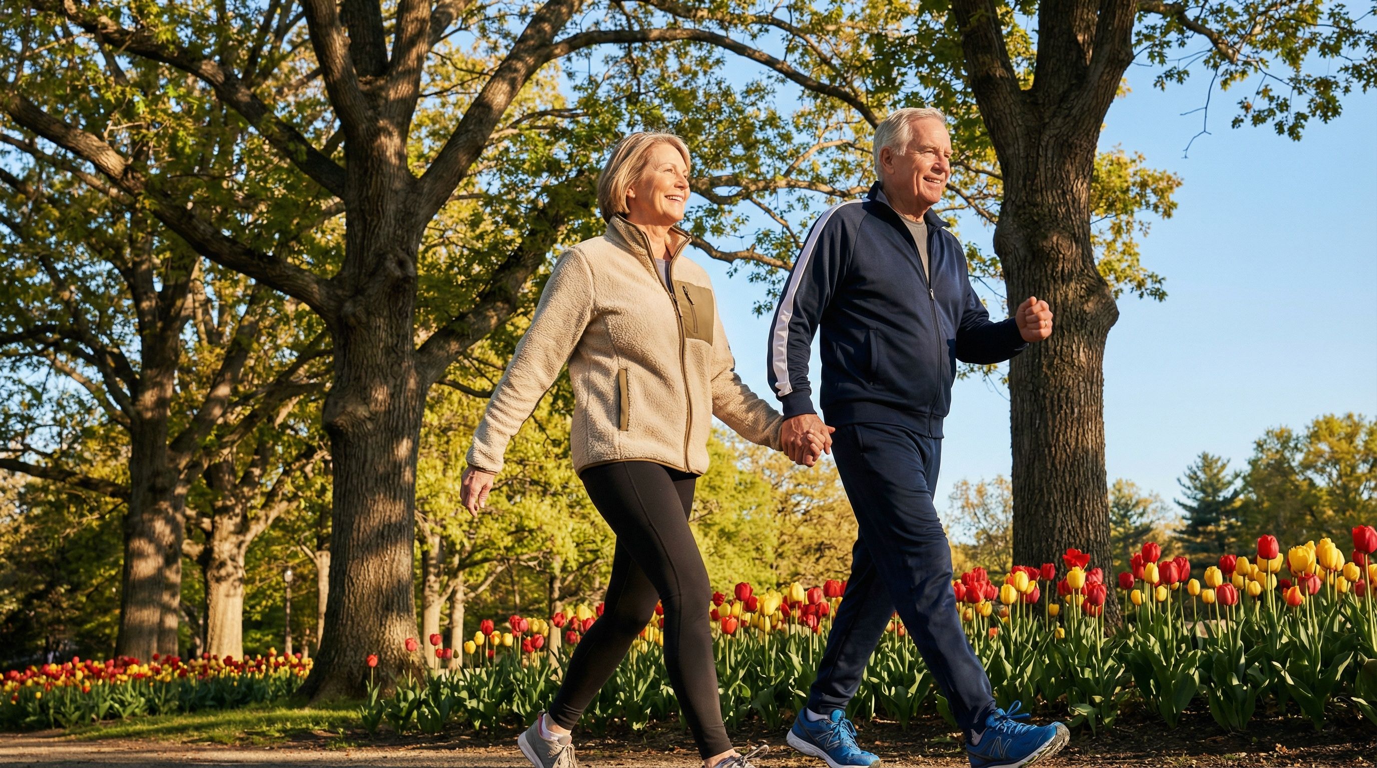 Active older couple walking briskly together in a park