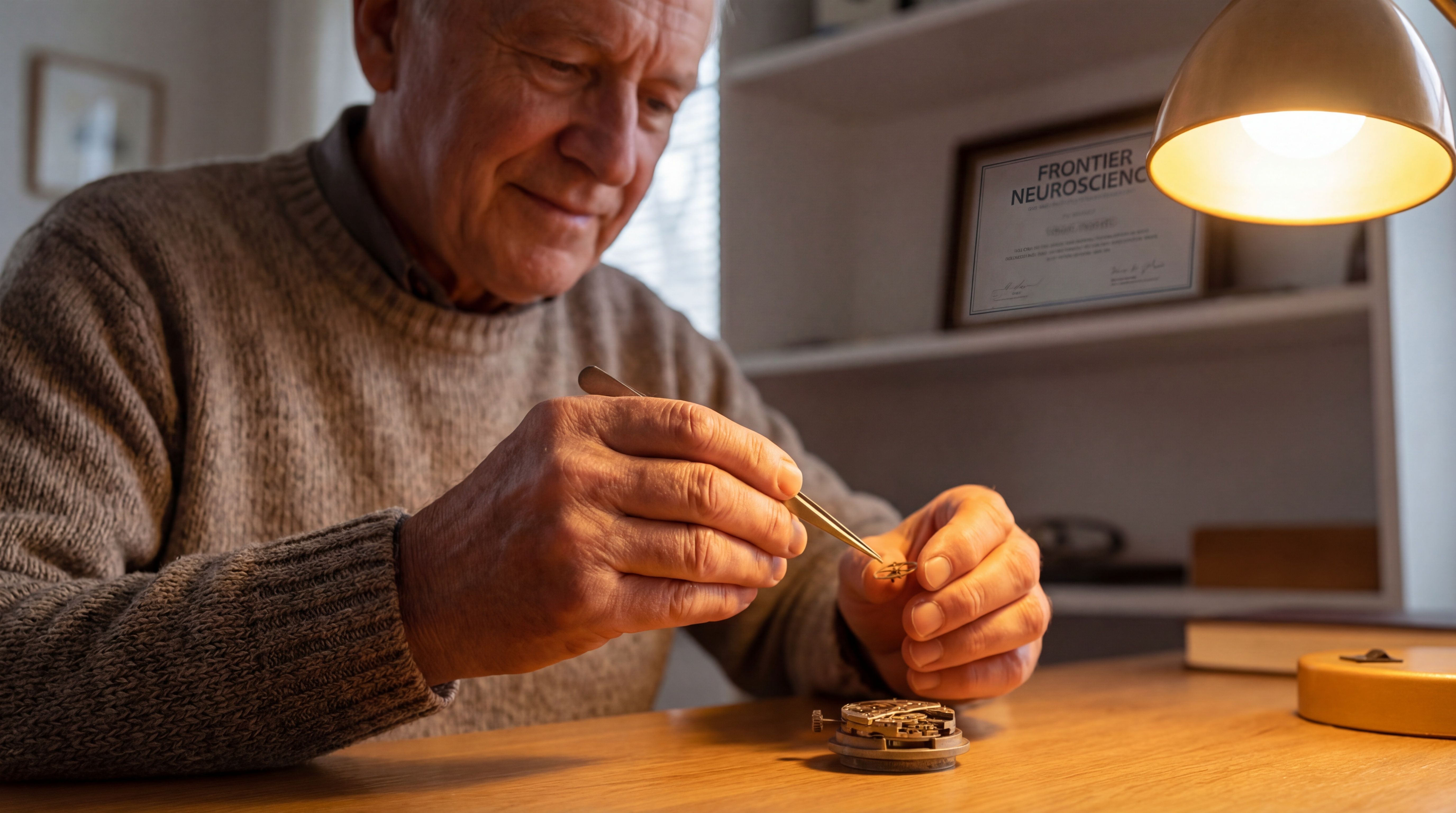 Elderly person with steady hands engaged in fine motor activity representing movement recovery hope