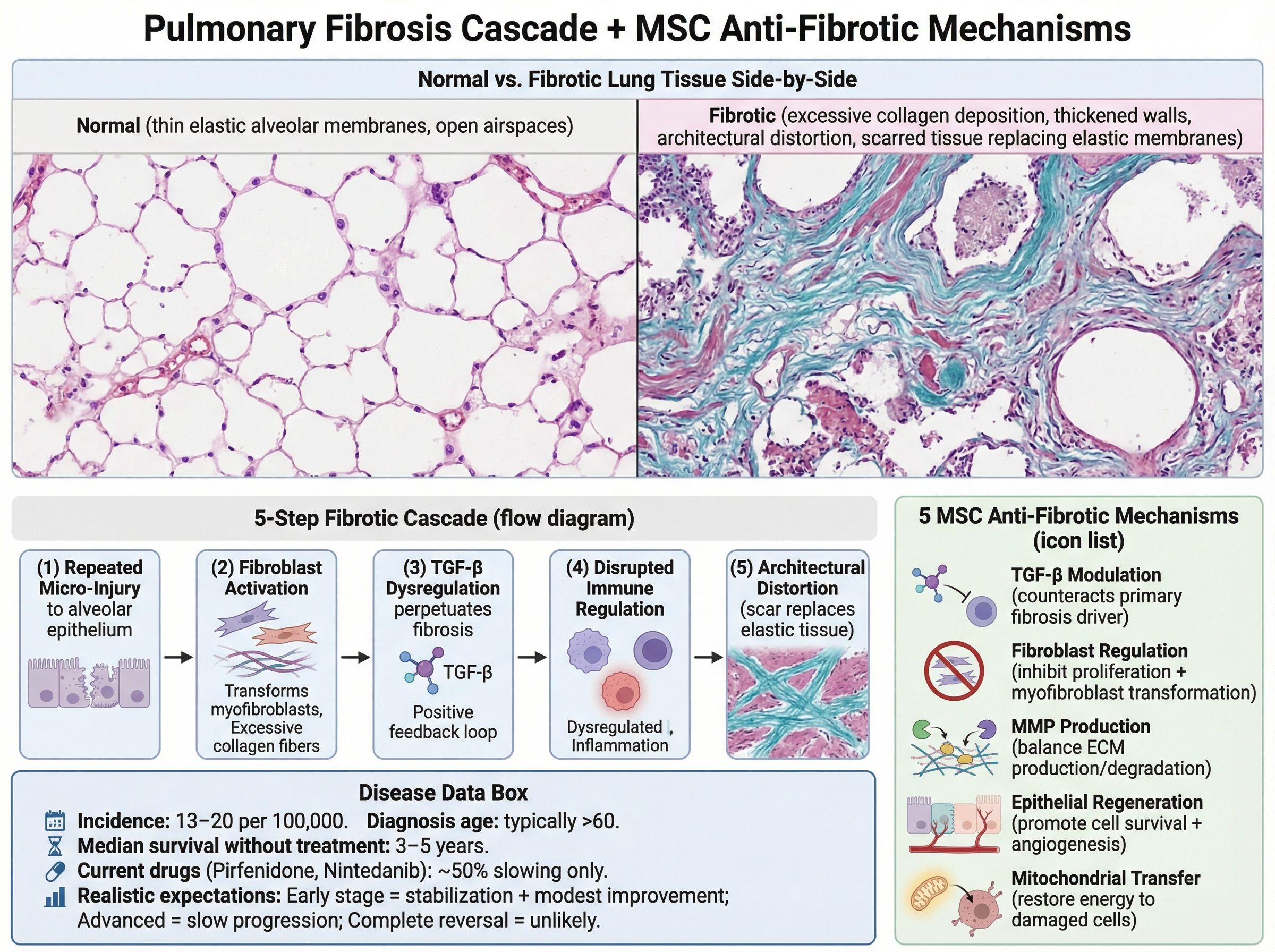 Microscopic comparison of normal lung tissue versus fibrotic tissue