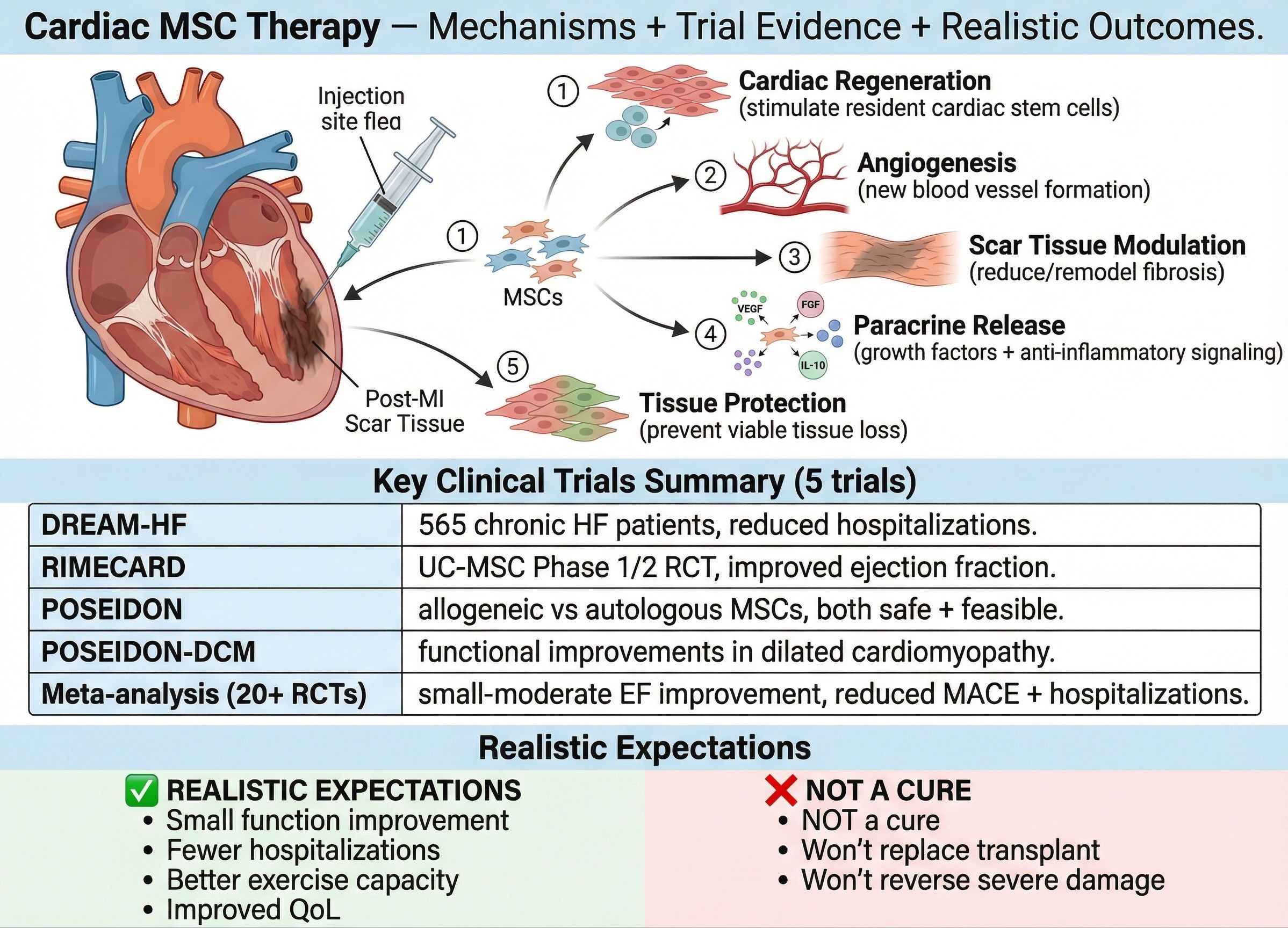 Diagram of cardiac tissue regeneration through MSC therapy