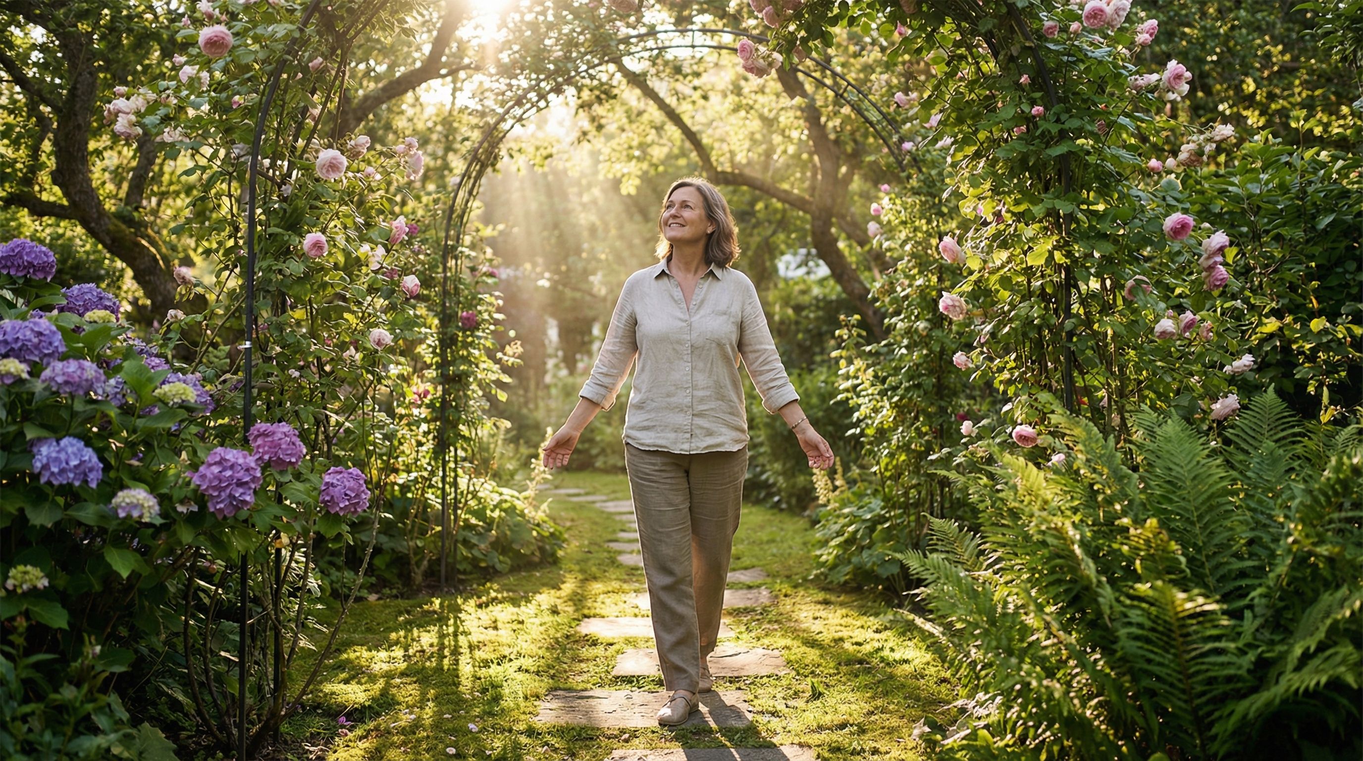 Person walking in sunlit garden, breathing comfortably