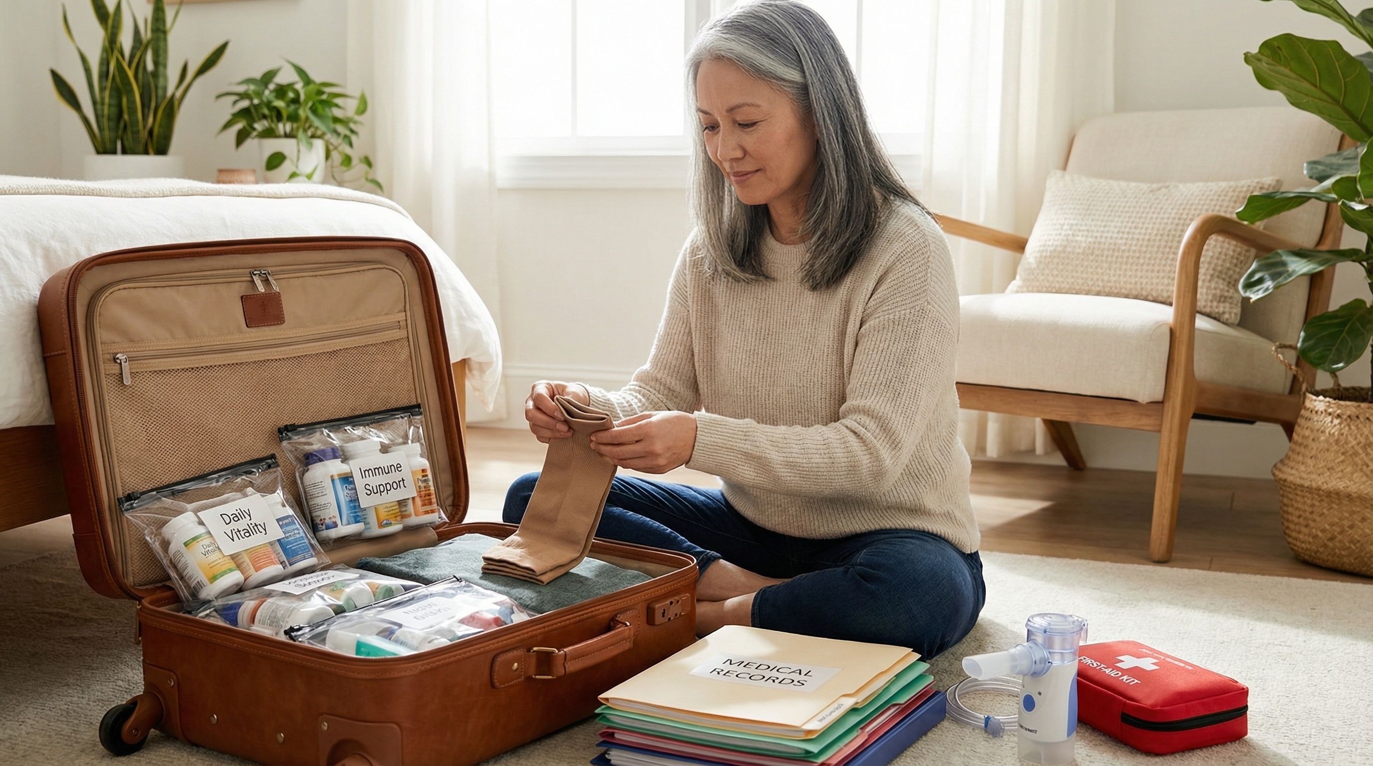 Person packing for medical travel, organized and calm
