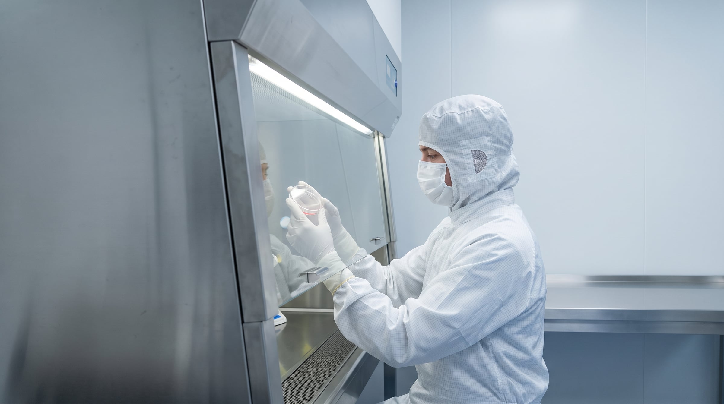 A gowned technician examining a culture dish at a biosafety cabinet