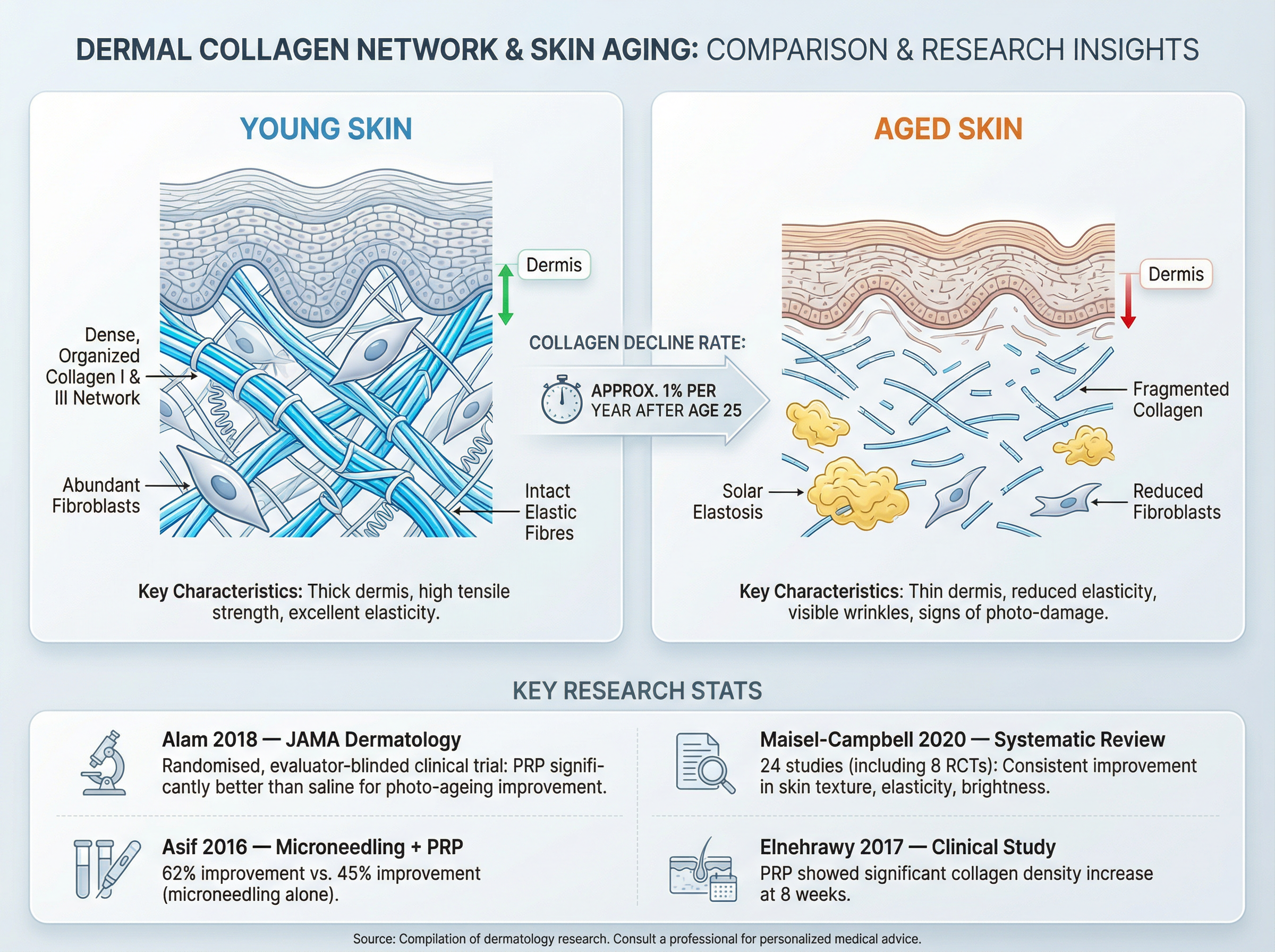 Cross-section diagram showing dermal collagen network comparison between young and aged skin