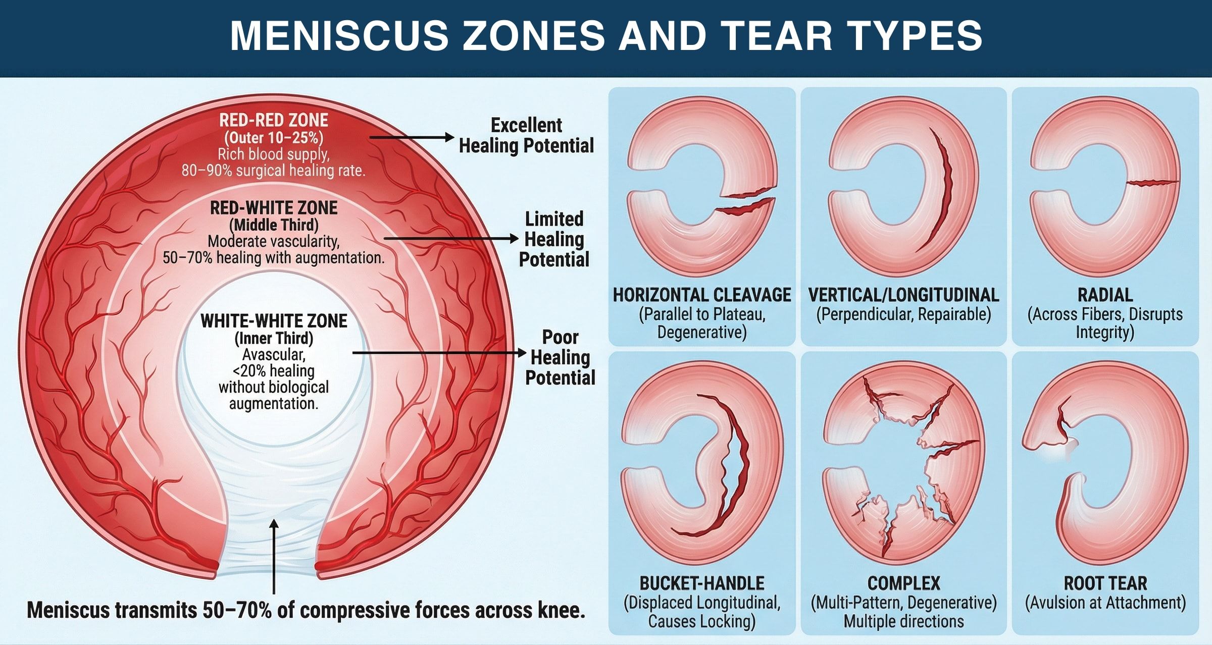Diagram of the meniscus vascular zones — red-red, red-white and white-white — and six tear types including horizontal cleavage, vertical, radial, bucket-handle, complex and root tear