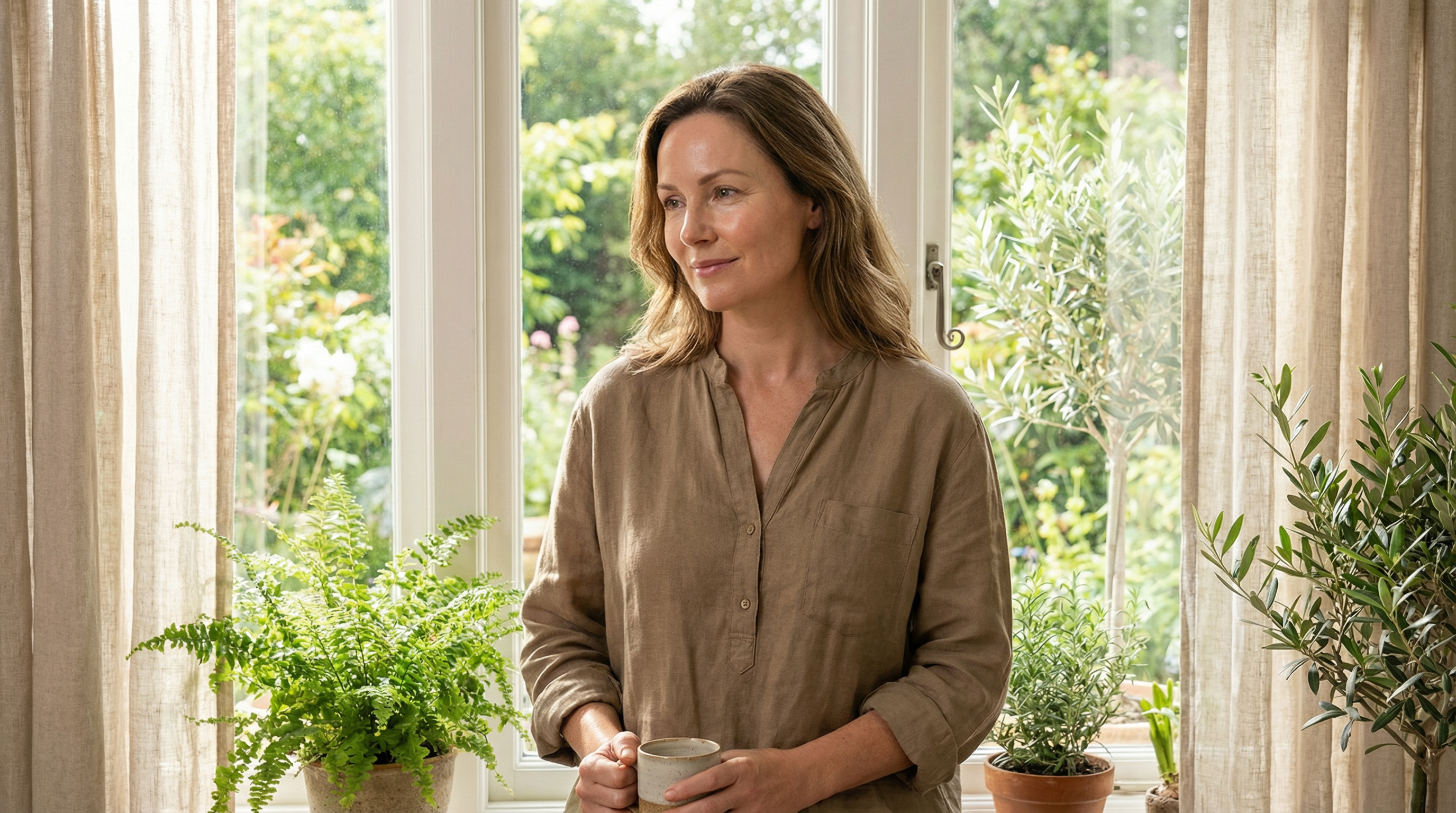 Woman with healthy radiant skin in natural light demonstrating quality skin health