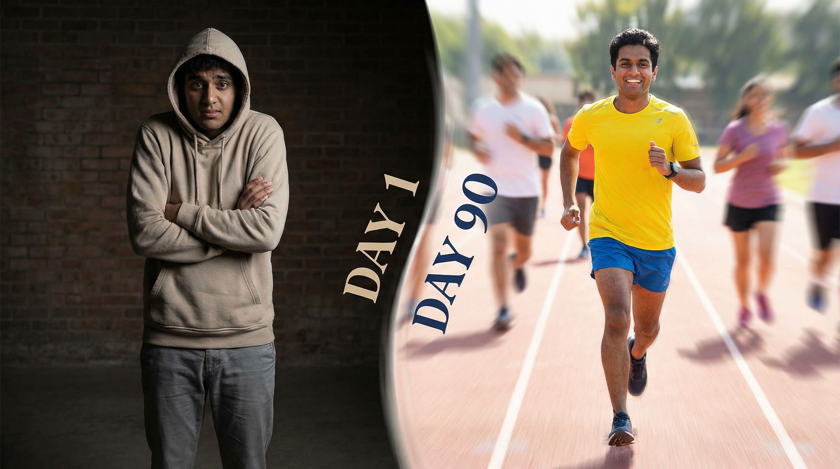 Before and after transformation showing person at Day 1 vs Day 90