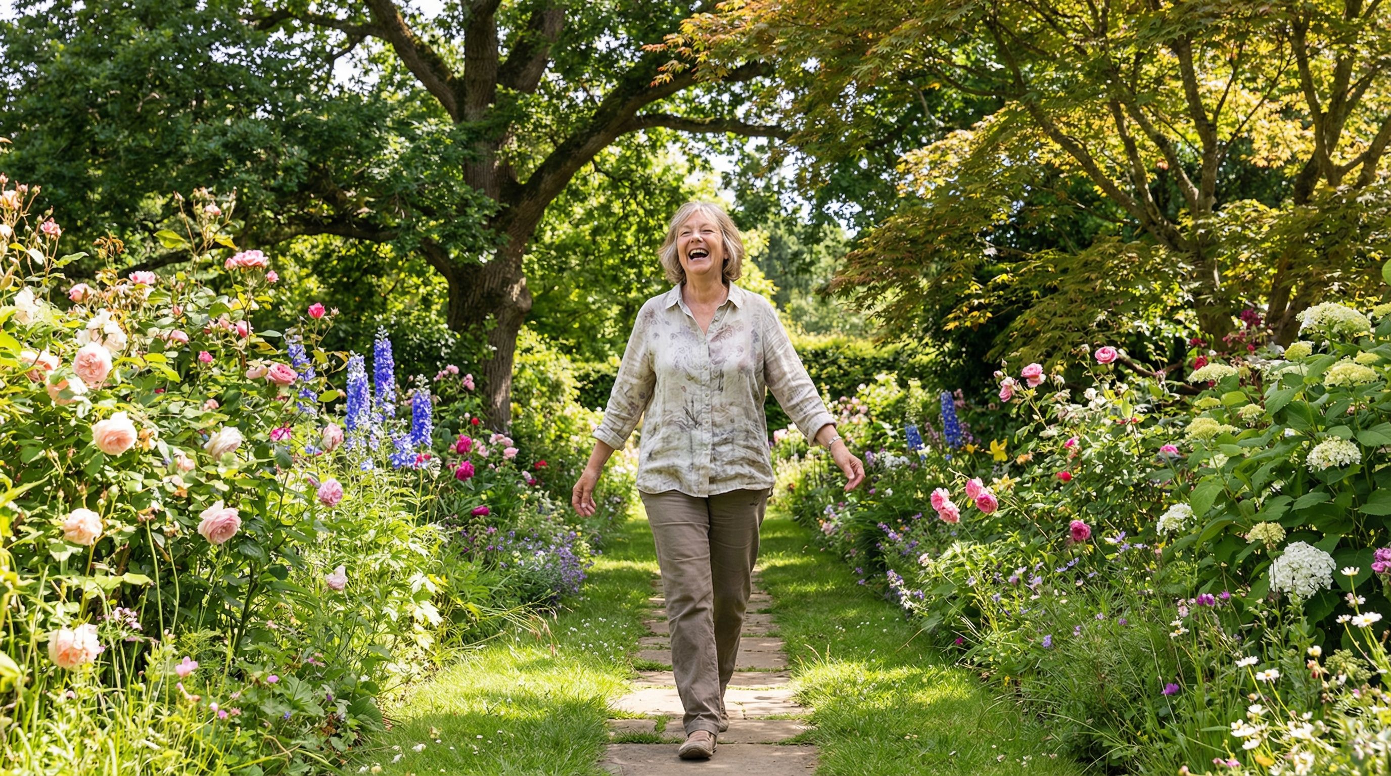 Person walking joyfully along a scenic path
