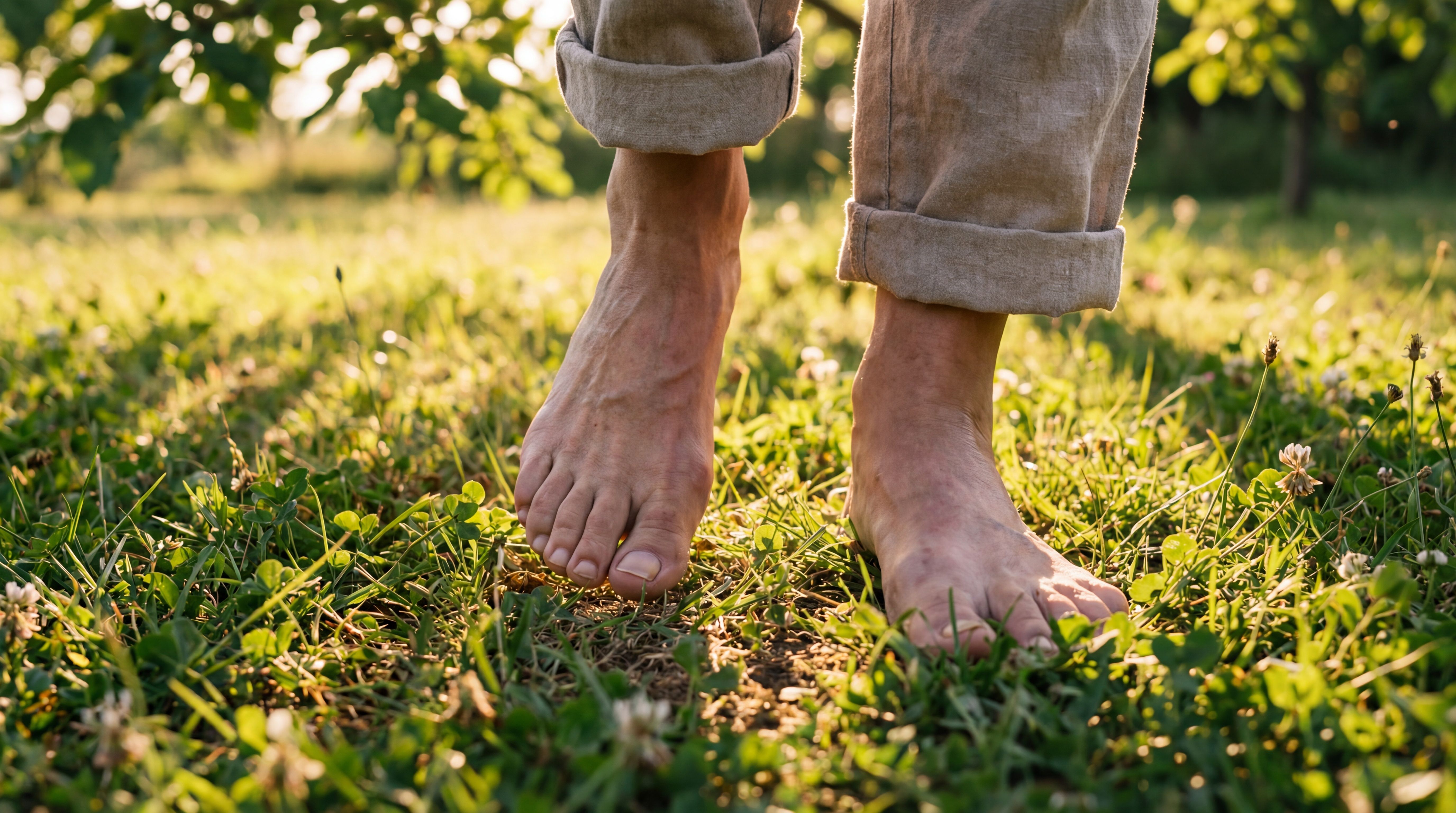 Person walking confidently barefoot on a natural surface representing restored sensation and nerve function