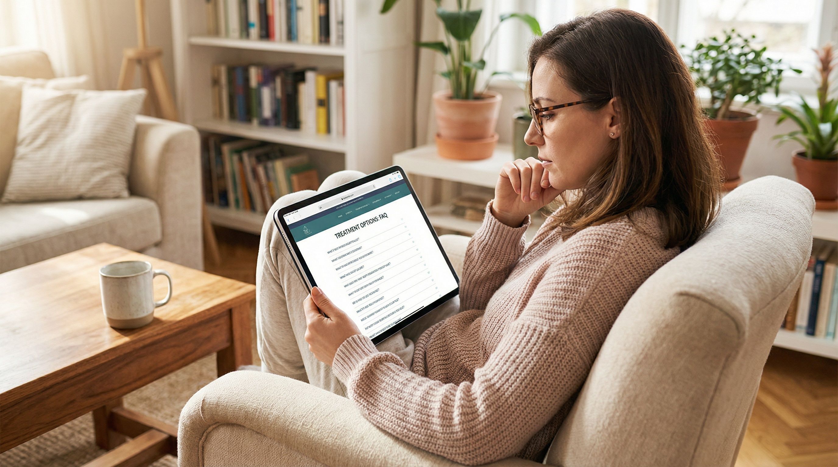 Person thoughtfully reading about treatment options on a tablet