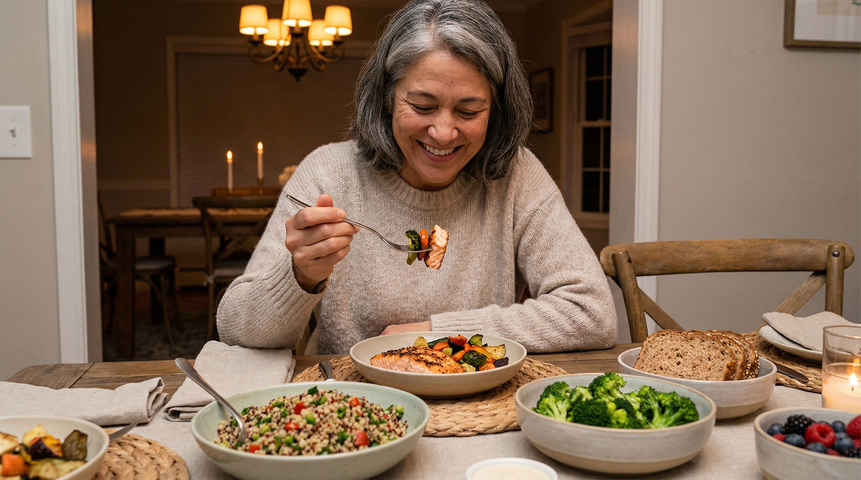 Person enjoying a healthy meal without blood sugar anxiety