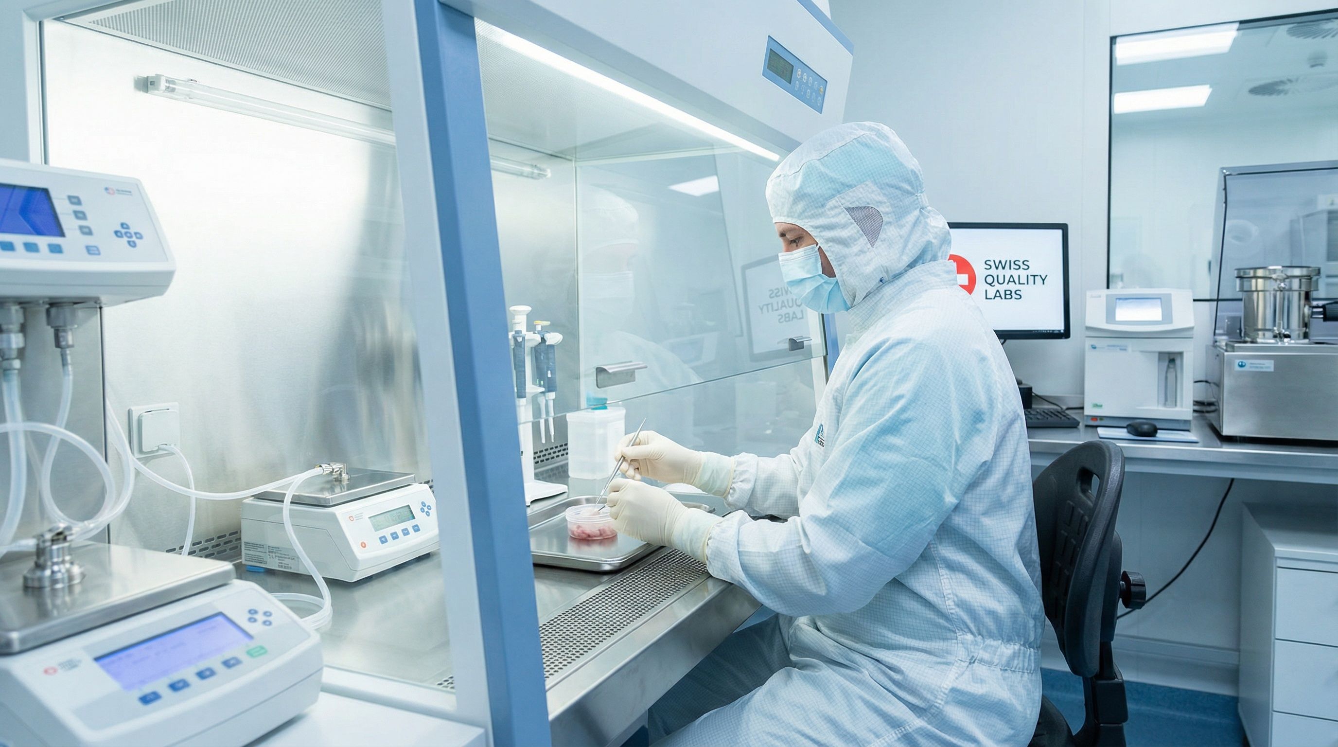 Laboratory technician processing umbilical cord tissue in sterile environment