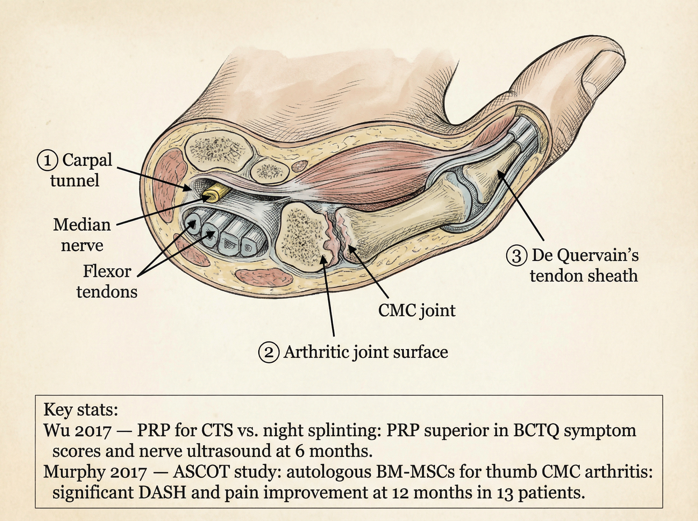 Anatomical illustration of the wrist showing carpal tunnel, arthritic joint surfaces, and tendon sheaths