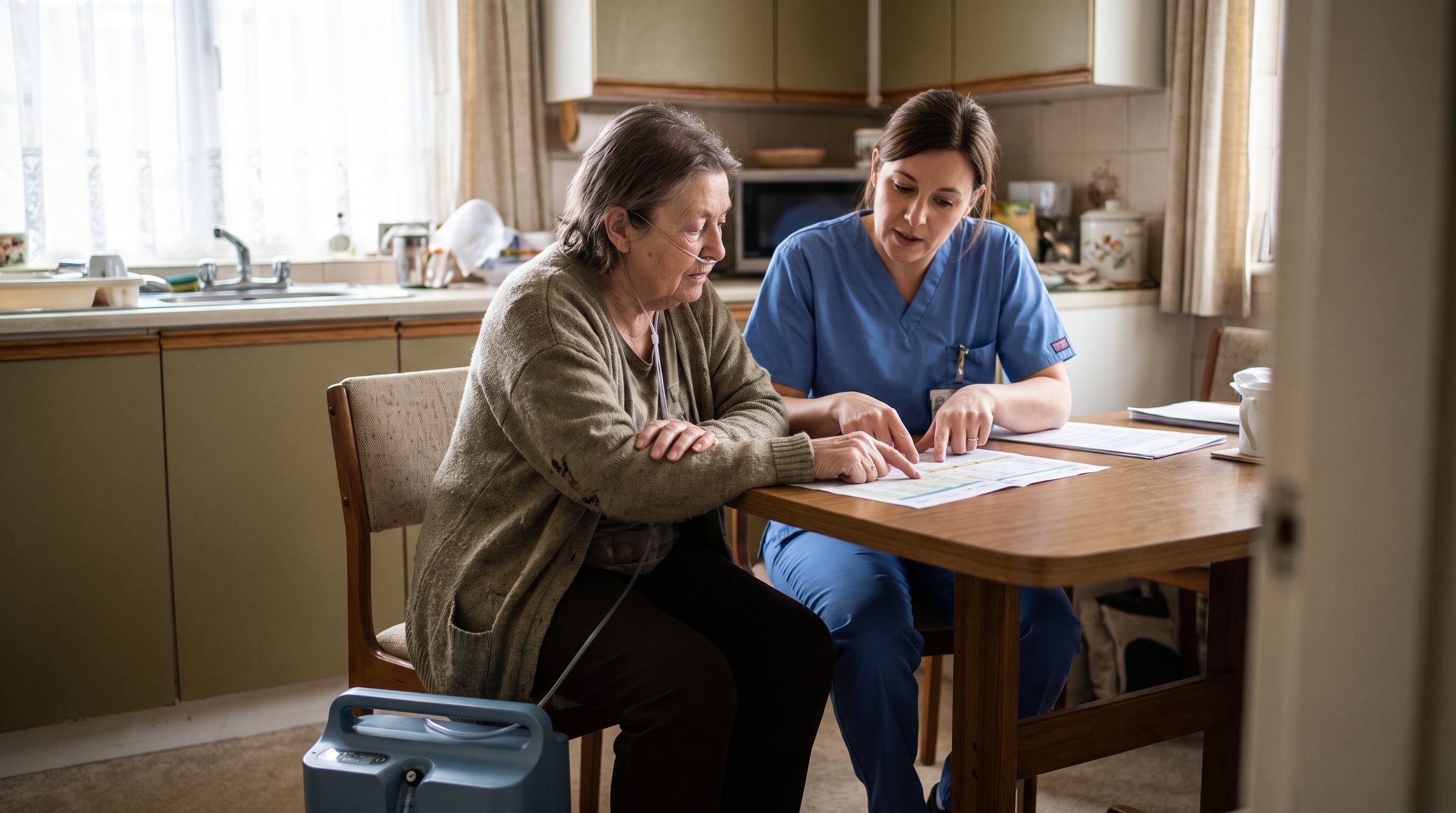 A woman wearing a nasal cannula seated at a kitchen table with a clinician, a portable oxygen concentrator on the floor beside her