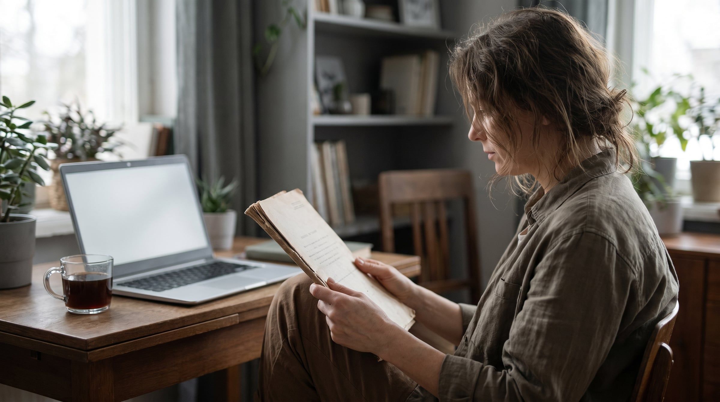 A woman at a desk reading a printed multi-page document