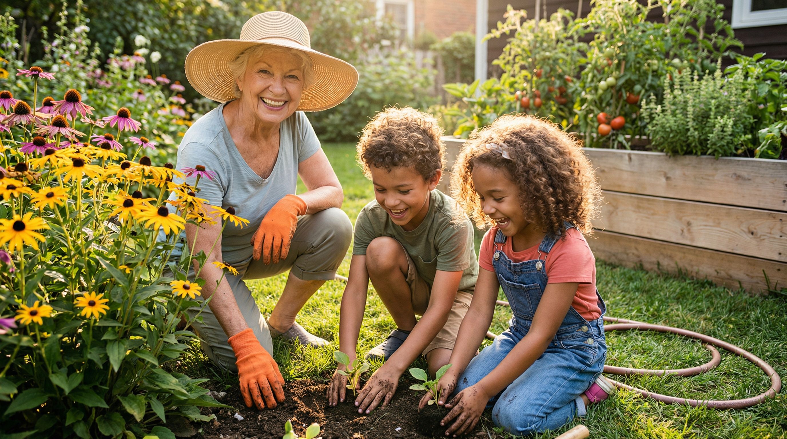 Elderly person gardening or cooking with grandchildren