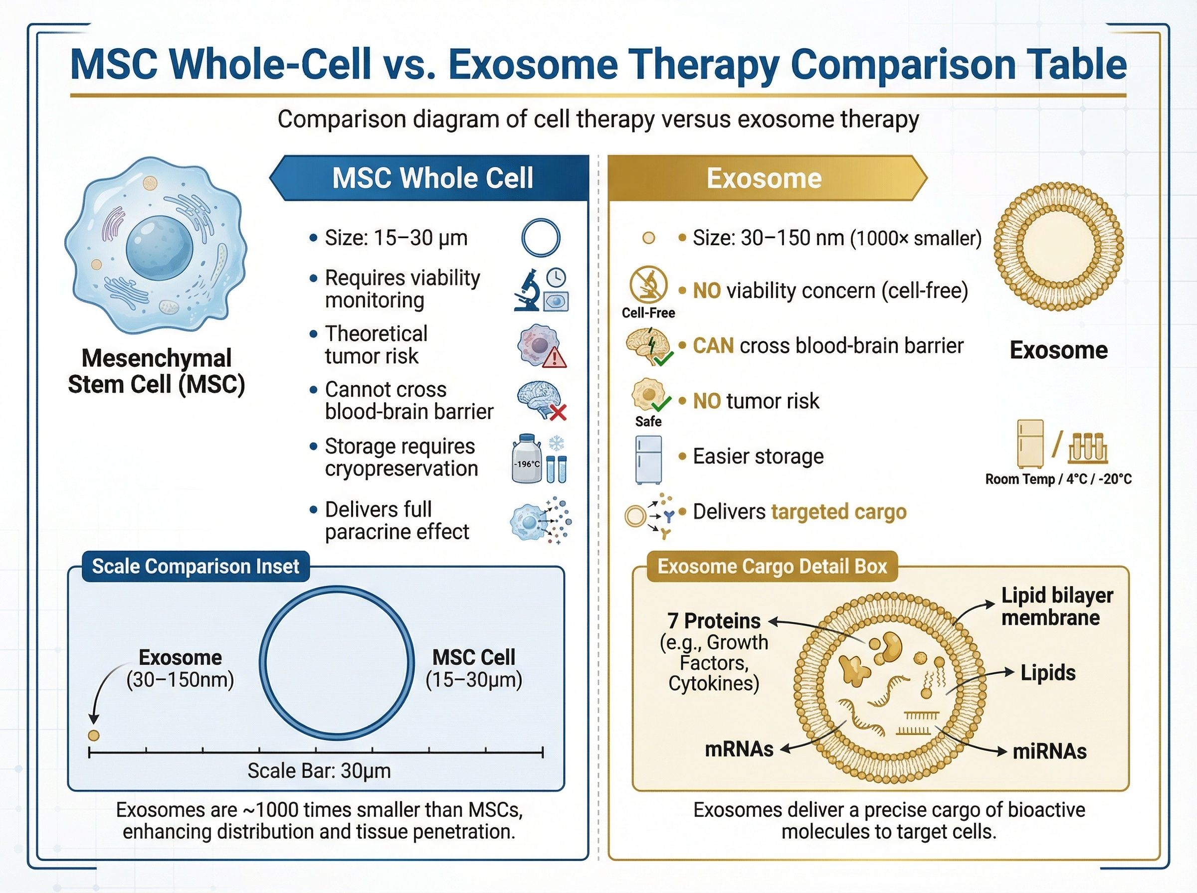 Comparison diagram of cell therapy versus exosome therapy