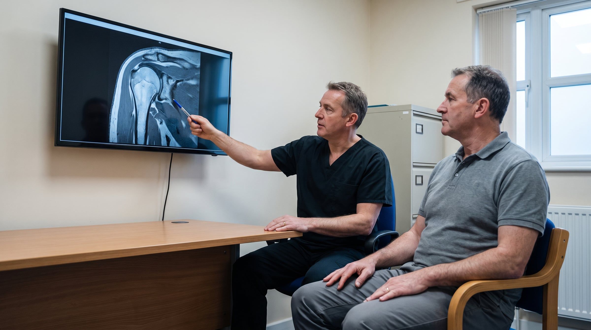 A clinician and a patient looking at a shoulder scan on a screen in a consulting room
