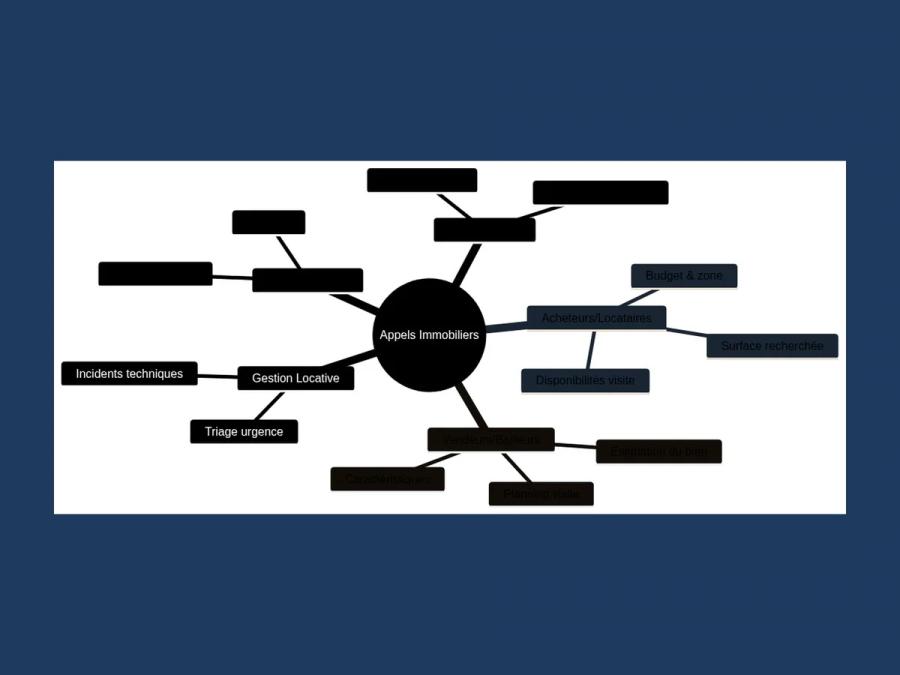 Mindmap des cinq catégories d'appels gérés par l'IA immobilière : acheteurs, vendeurs, gestion locative, partenaires professi