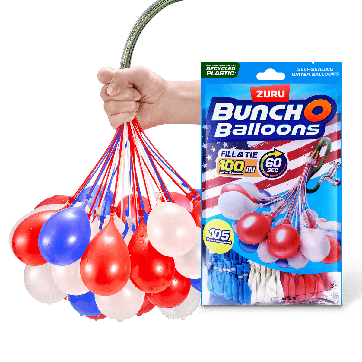 Bunch O Balloons Red, White & Blue 100+ Rapid-Filling Self-Sealing Water Balloons (3 Pack)
