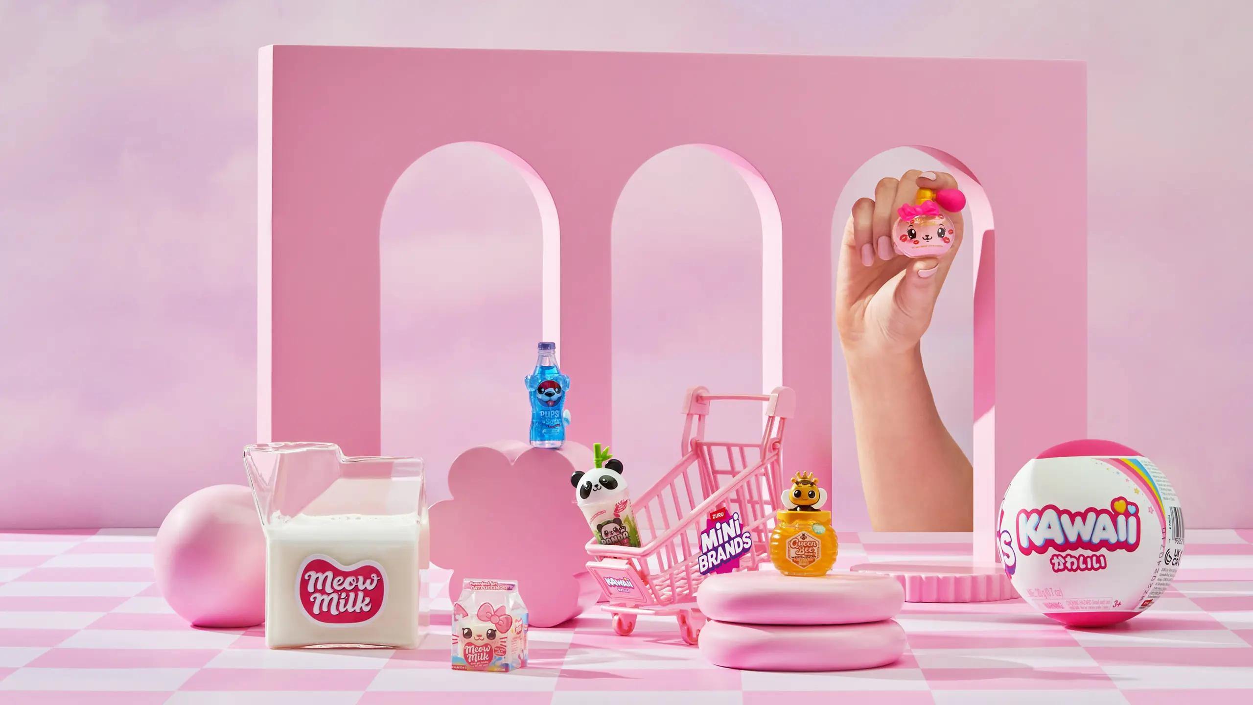 Interactive setup of ZURU Mini Brands Sneakers collection with a hand placing a miniature sneaker on a pedestal, surrounded by sports-themed items including tennis balls, a water bottle, a cap, and a racket on a blue background.