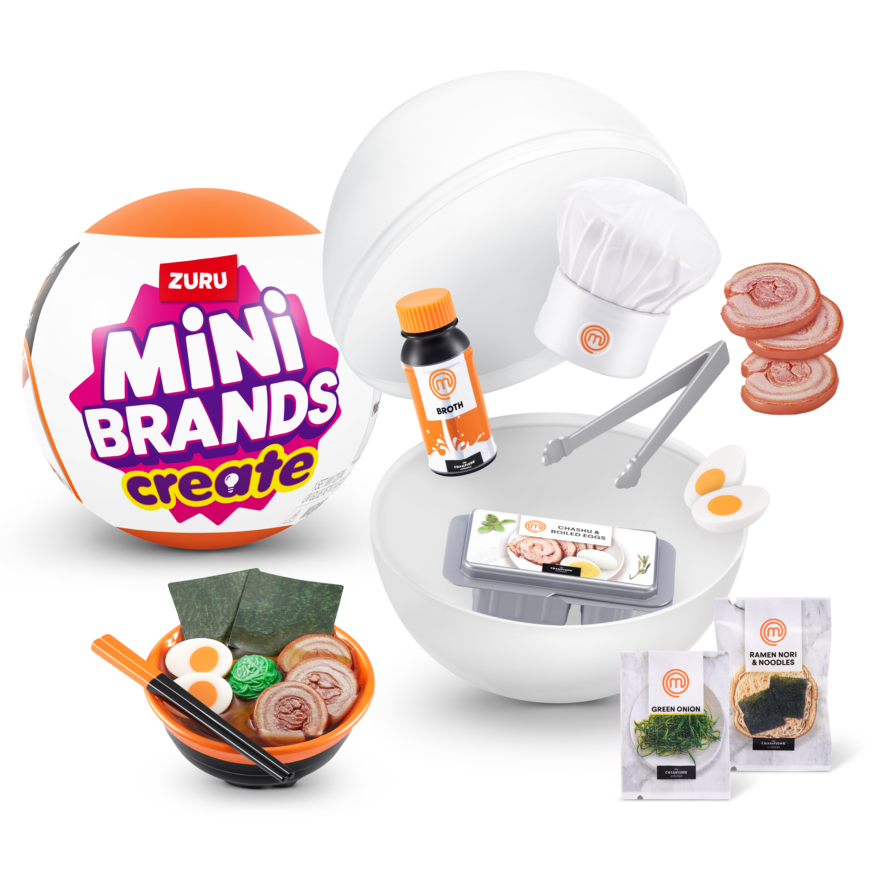 ZURU Mini Brands MasterChef series featuring miniature collectible items including a broth bottle, chef's hat, sliced ham on grill, sushi set, ramen bowl, and green onion pack, all displayed with the product's sphere-shaped packaging.