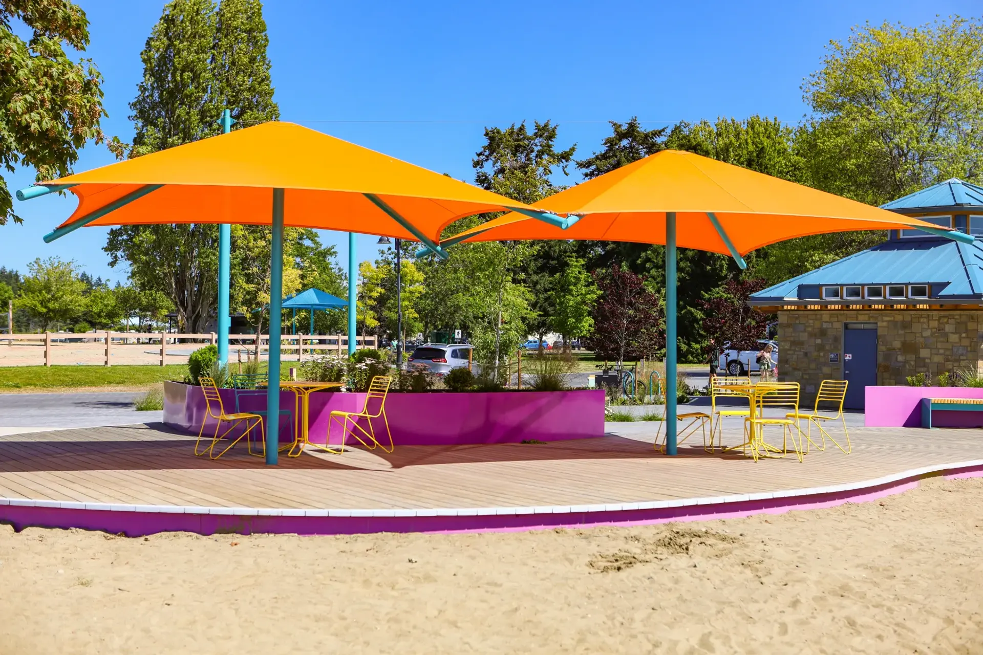 Shade sail and park shelter installed by Westplay