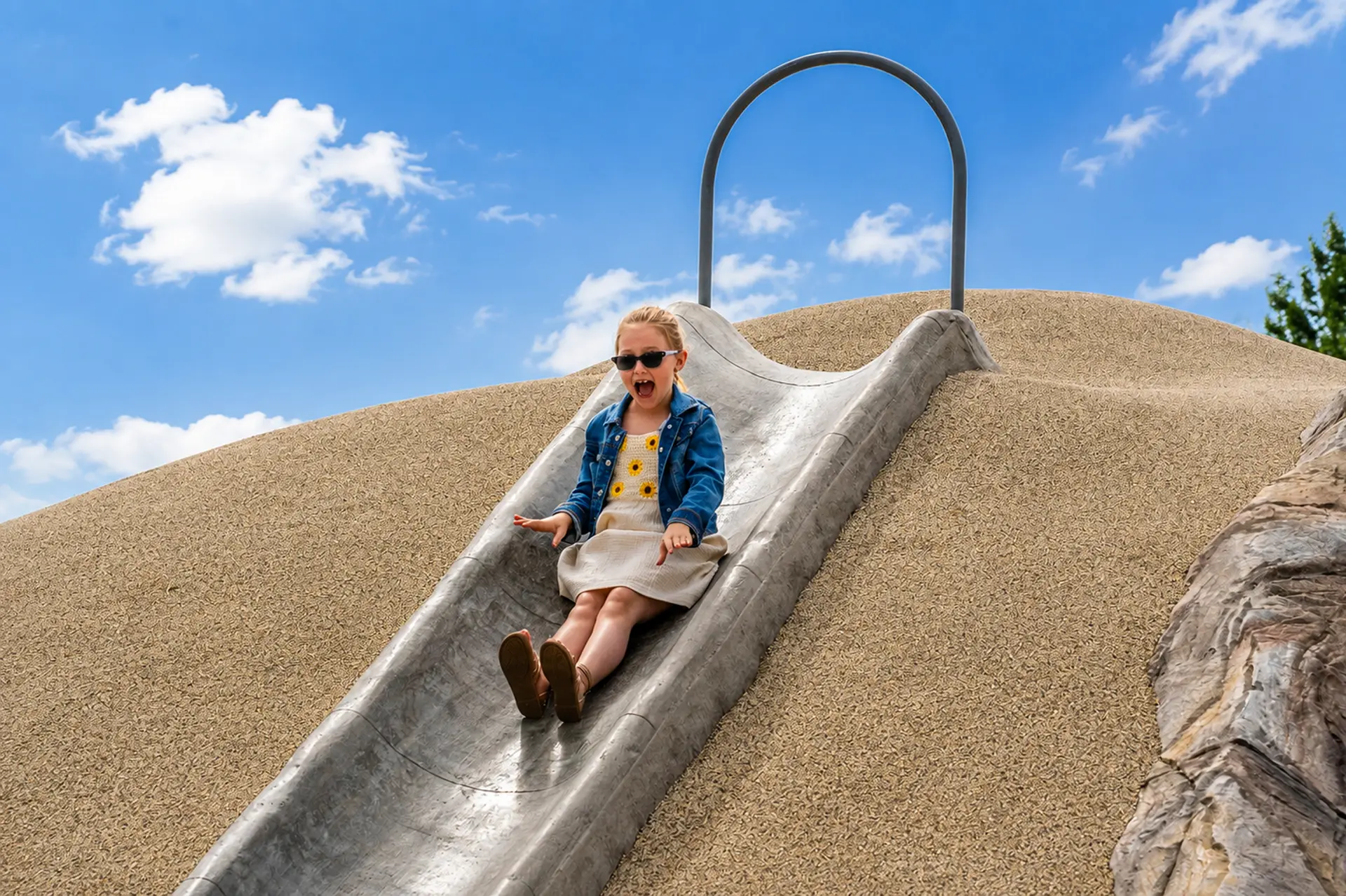 A child on a Westplay embankment slide