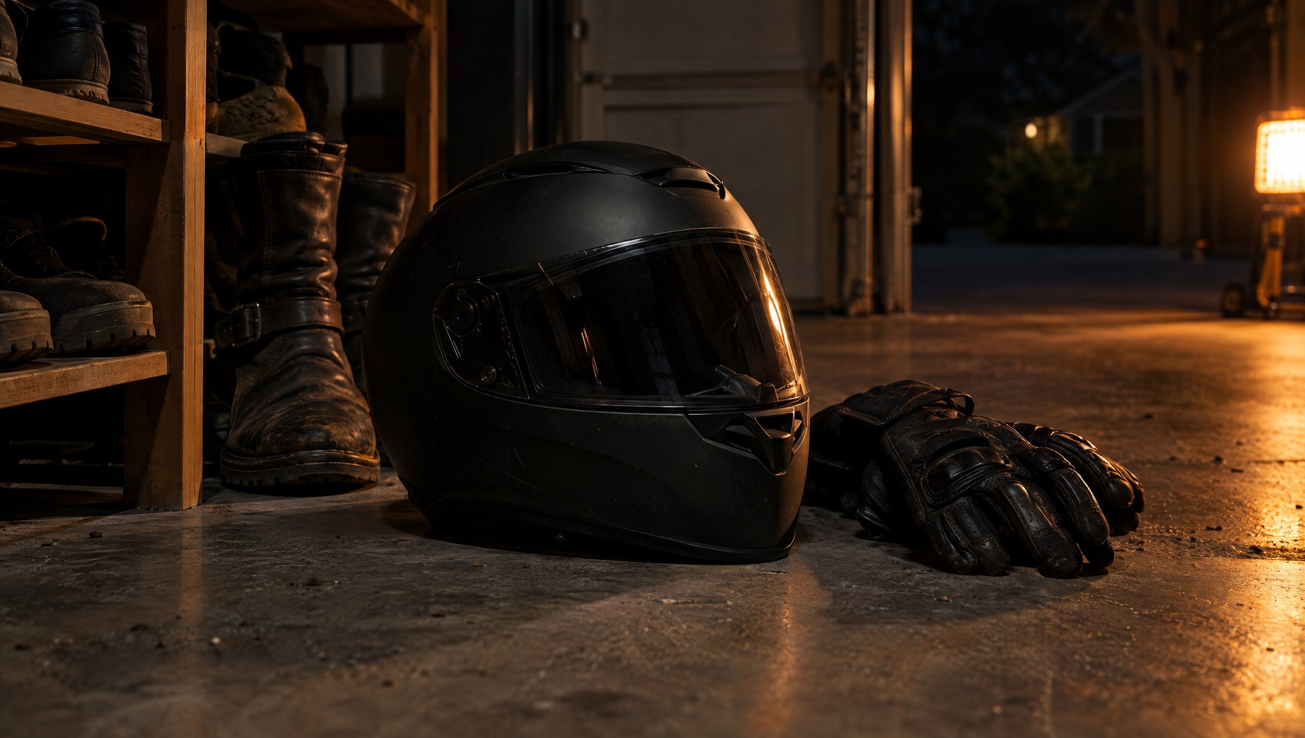 A matte black motorcycle helmet left on a garage floor beside riding boots, gloves and a shoe rack