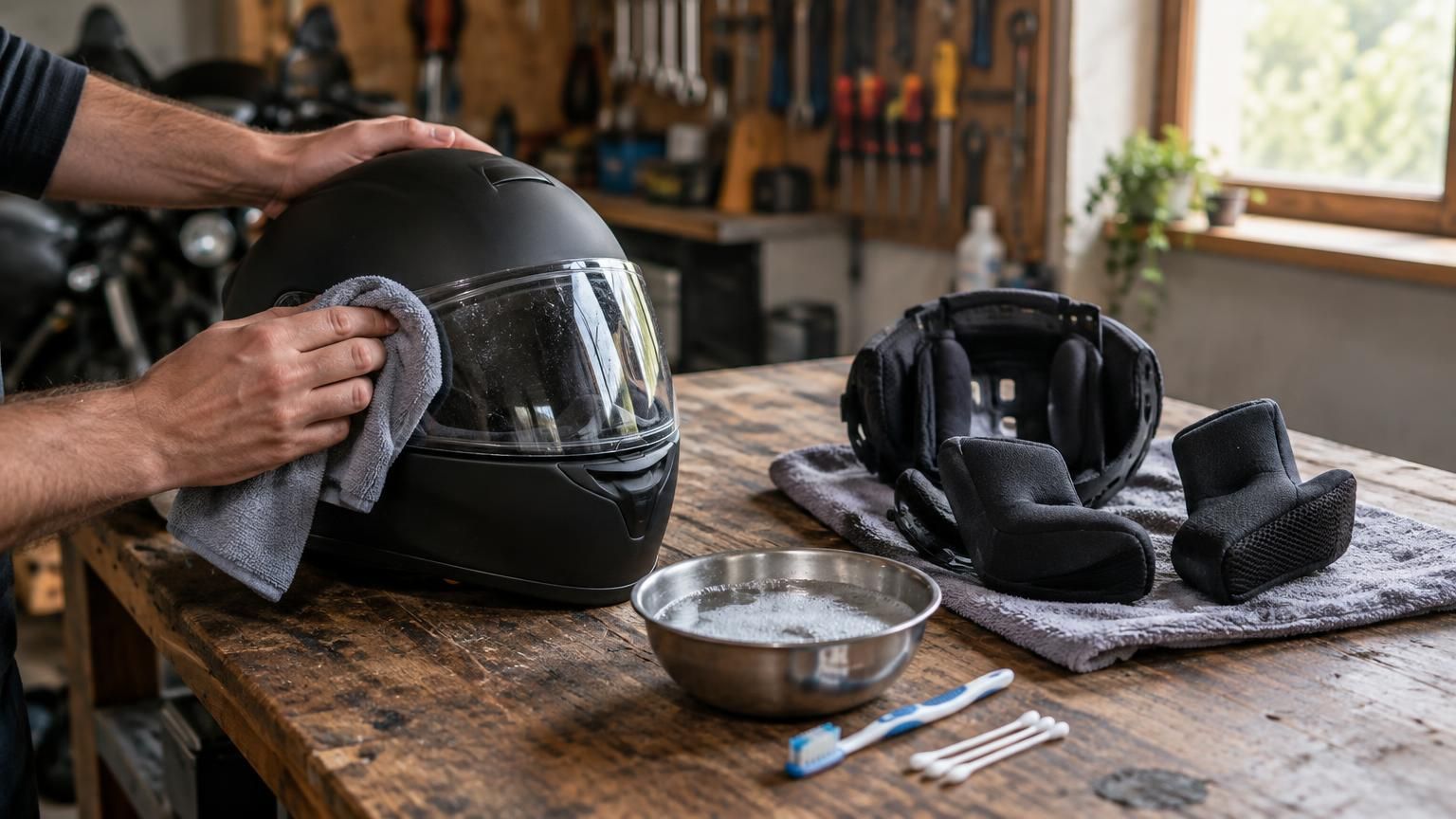 Hands wiping the visor of a matte black helmet on a garage workbench, the liner and cheek pads drying on a towel beside it