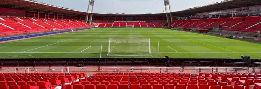 An empty Powerhorse Stadium seen from stands behind the goal