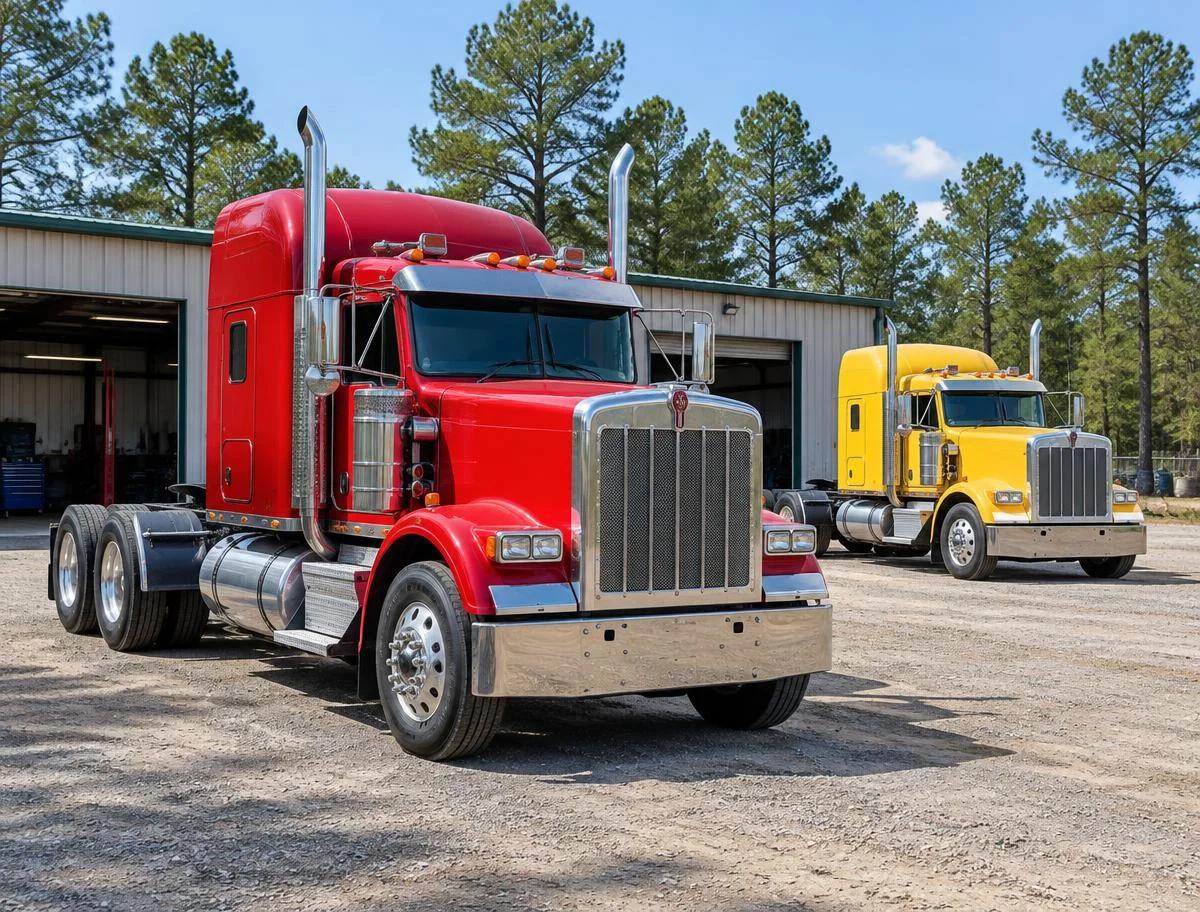 Red and yellow long-nose semi trucks parked outside a rural service workshop