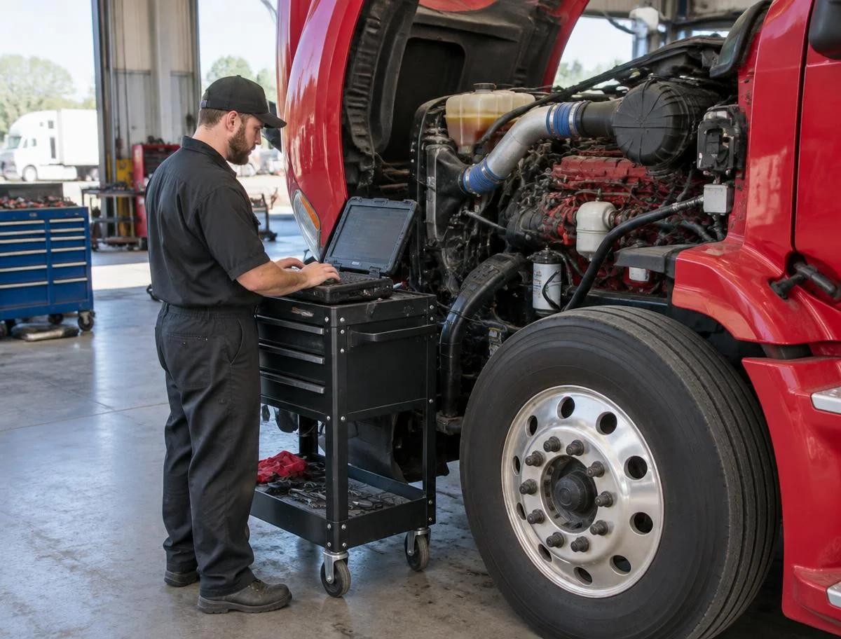 Technician using a diagnostic laptop beside a red semi truck with its hood open