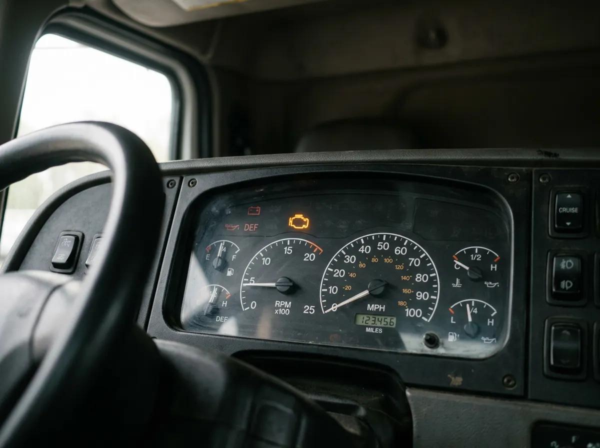 Amber check engine warning light lit on a diesel truck dashboard