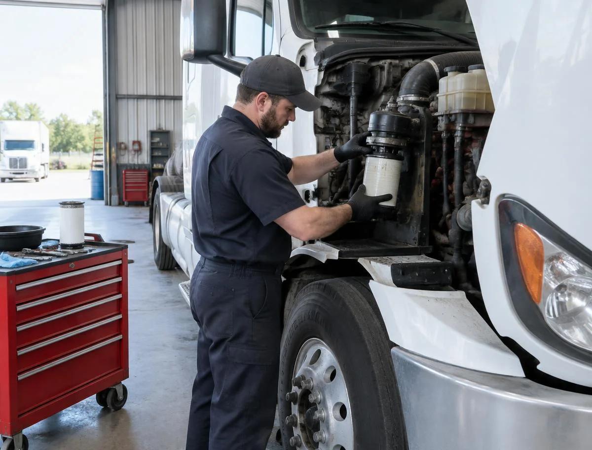 Technician replacing a fuel filter in the engine compartment of a white semi truck