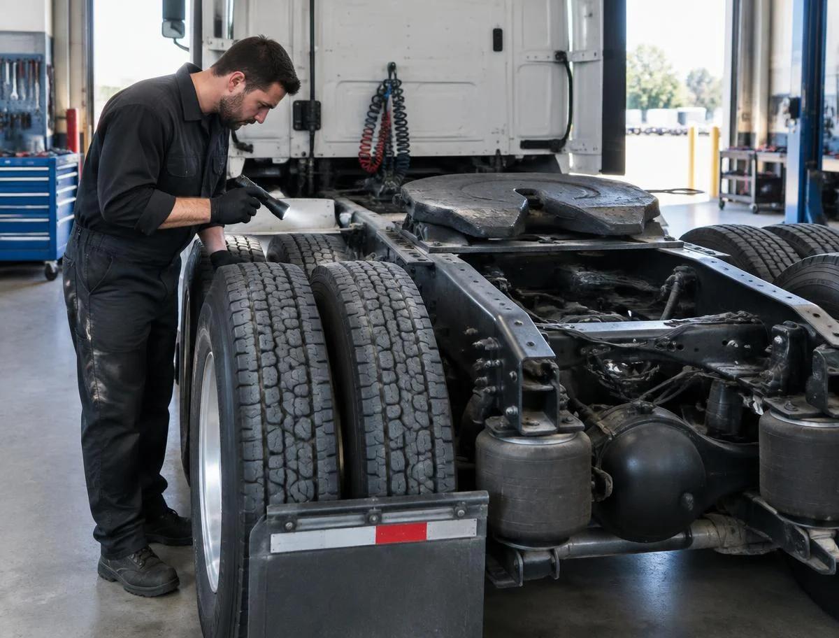 Mechanic checking the rear chassis and suspension beside semi truck dual tires
