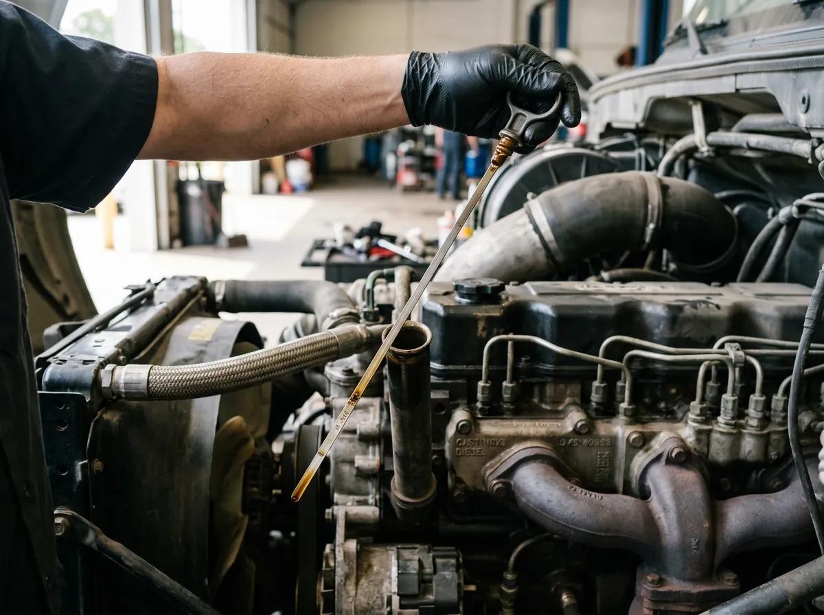 Gloved hand checking engine oil on a heavy-duty diesel truck dipstick