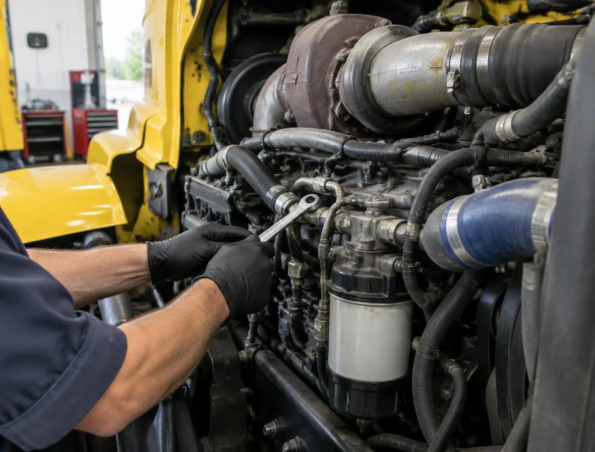 Gloved mechanic using a wrench on the diesel engine of a yellow semi truck